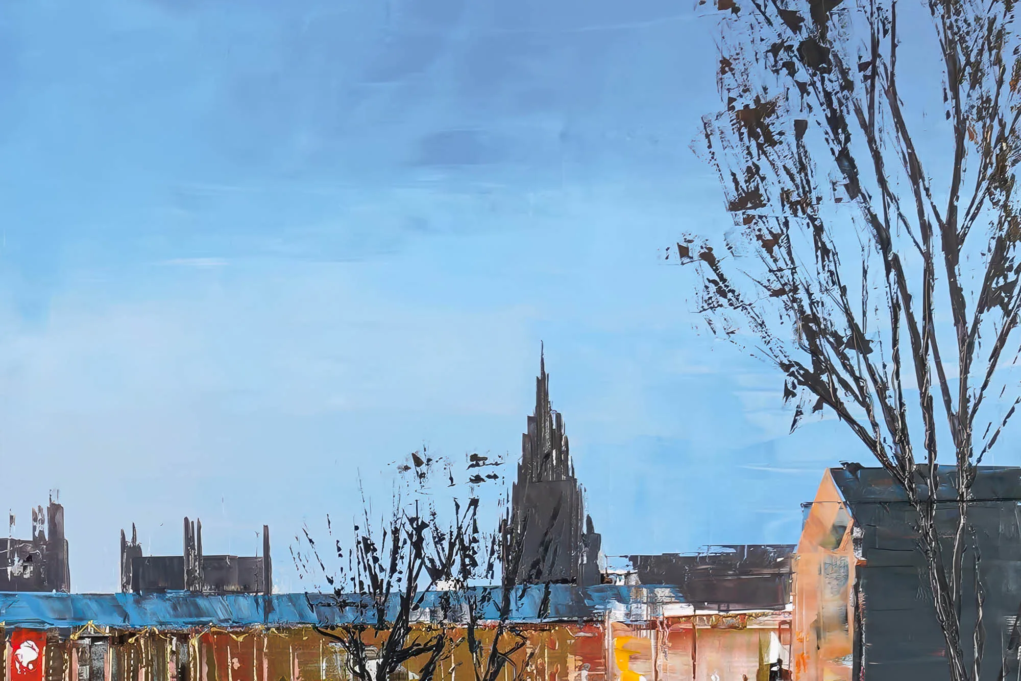 Close-up of Westminster Illuminates, a limited edition giclée print by Paul Kenton: a pale blue sky over a gothic spire, bare trees and rust-coloured rooftops, in thick textured strokes.