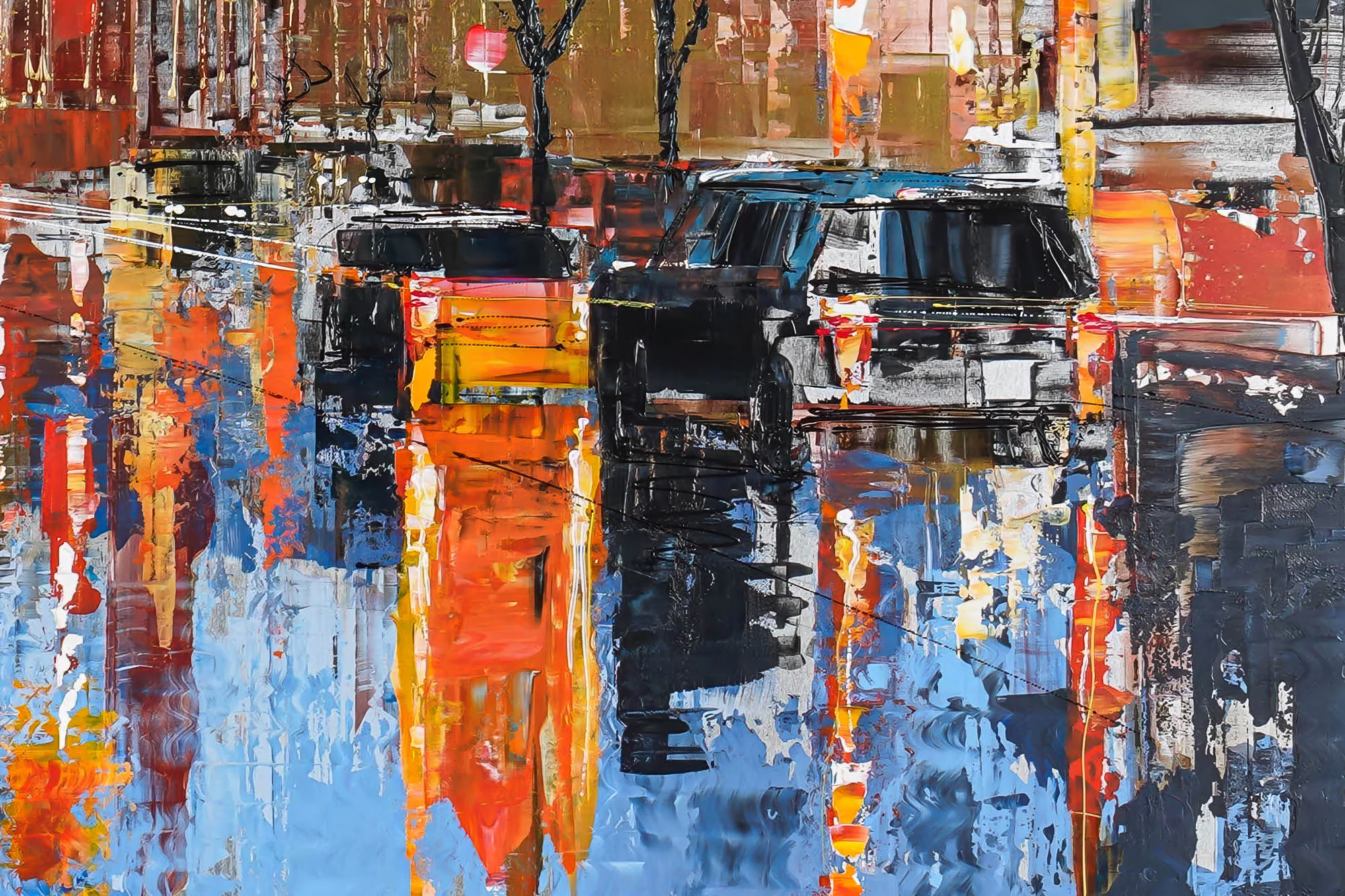 Close-up of Westminster Illuminates, a limited edition print by Paul Kenton: thick, textured strokes of orange, red and blue reflect parked black cars and city lights on a wet street.