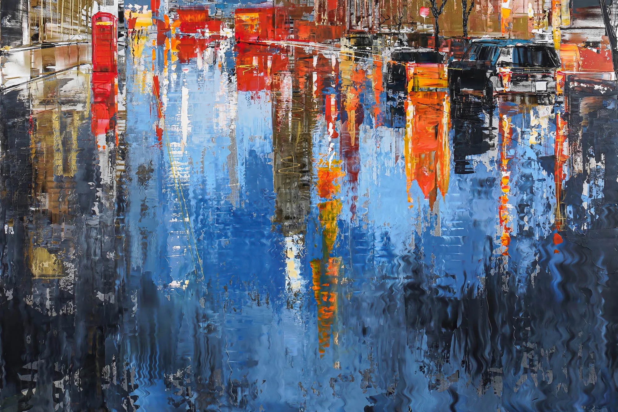 Close-up of Westminster Illuminates, a limited edition print: a rain-streaked London street reflected in blue water, with red telephone box and orange lights in bold, textured brushwork.