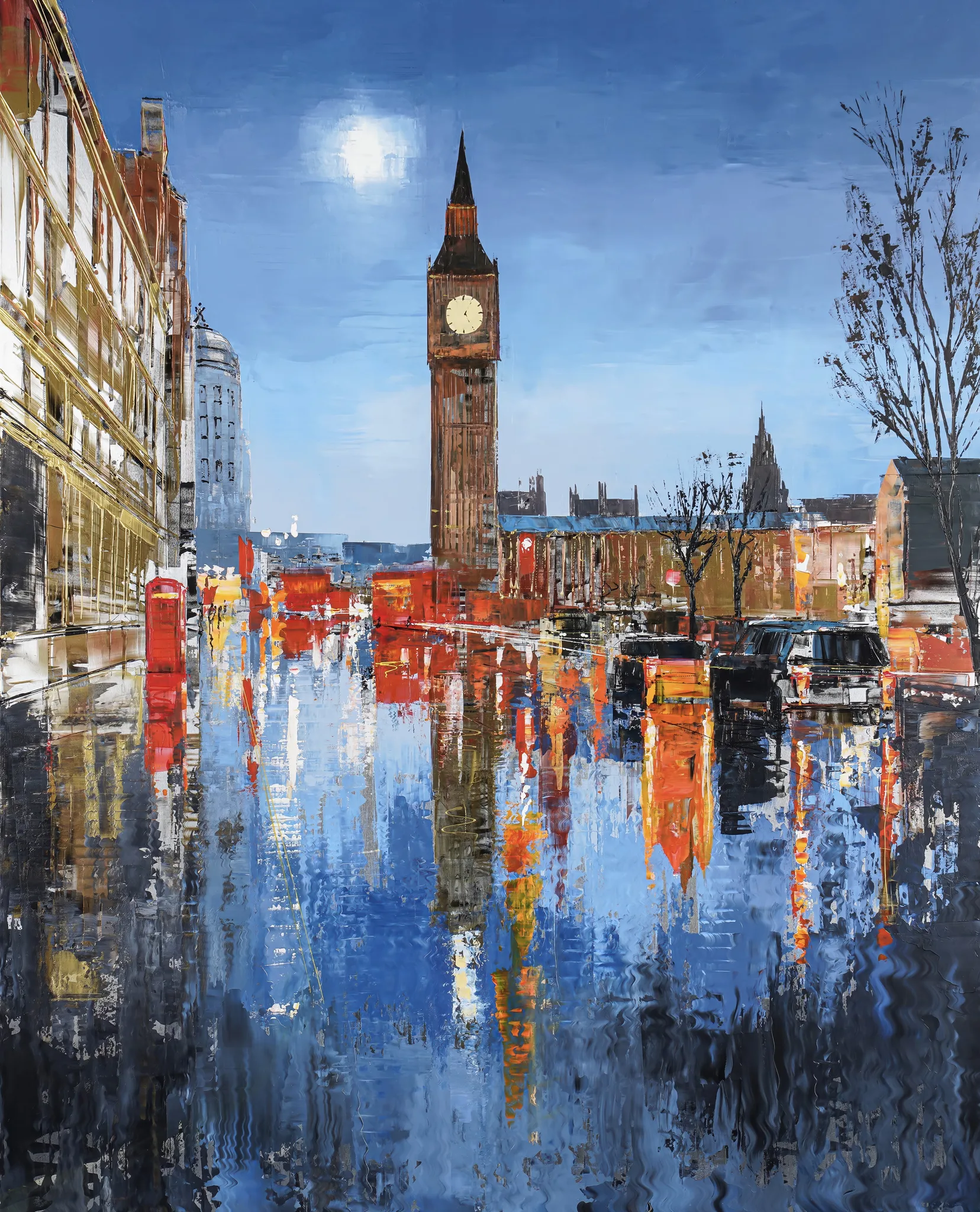 Westminster Illuminates, a limited edition print by Paul Kenton: Big Ben rises above a rain-slicked London street at dusk, its red and orange lights mirrored in blue reflections.