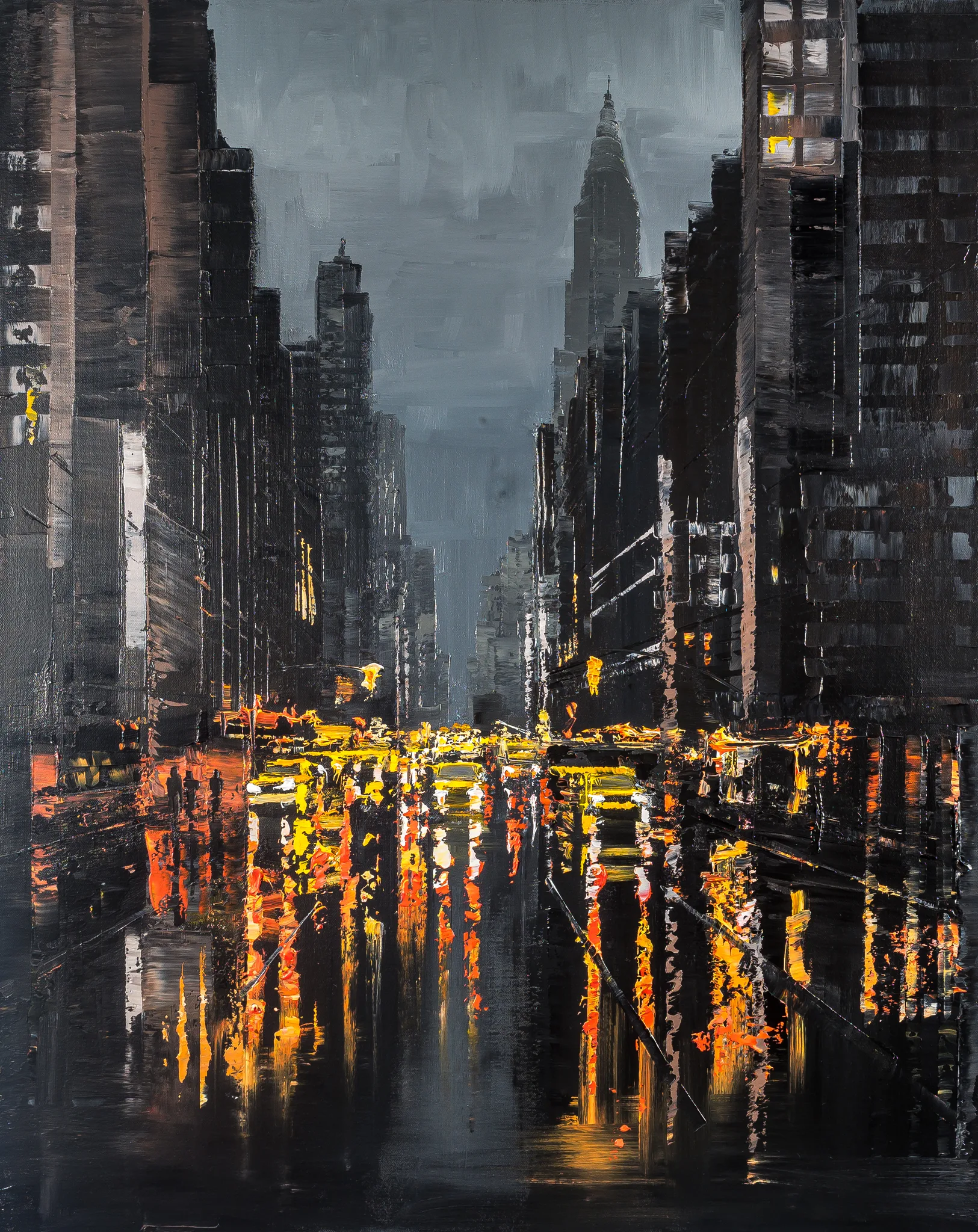 Manhattan Glow, a limited edition giclée print by Paul Kenton: a dusk street of tall dark towers, a distant spire under grey sky, and yellow taxi lights reflected on wet asphalt.