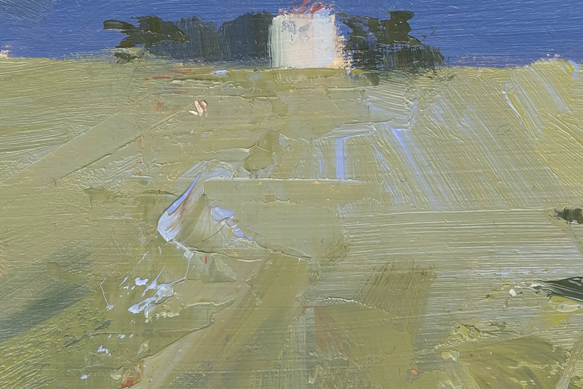 Close-up of Italian Escape, an original oil painting by Paul Kenton: thick olive-green brushwork across a field, a pale building glowing against dark trees under a blue sky.