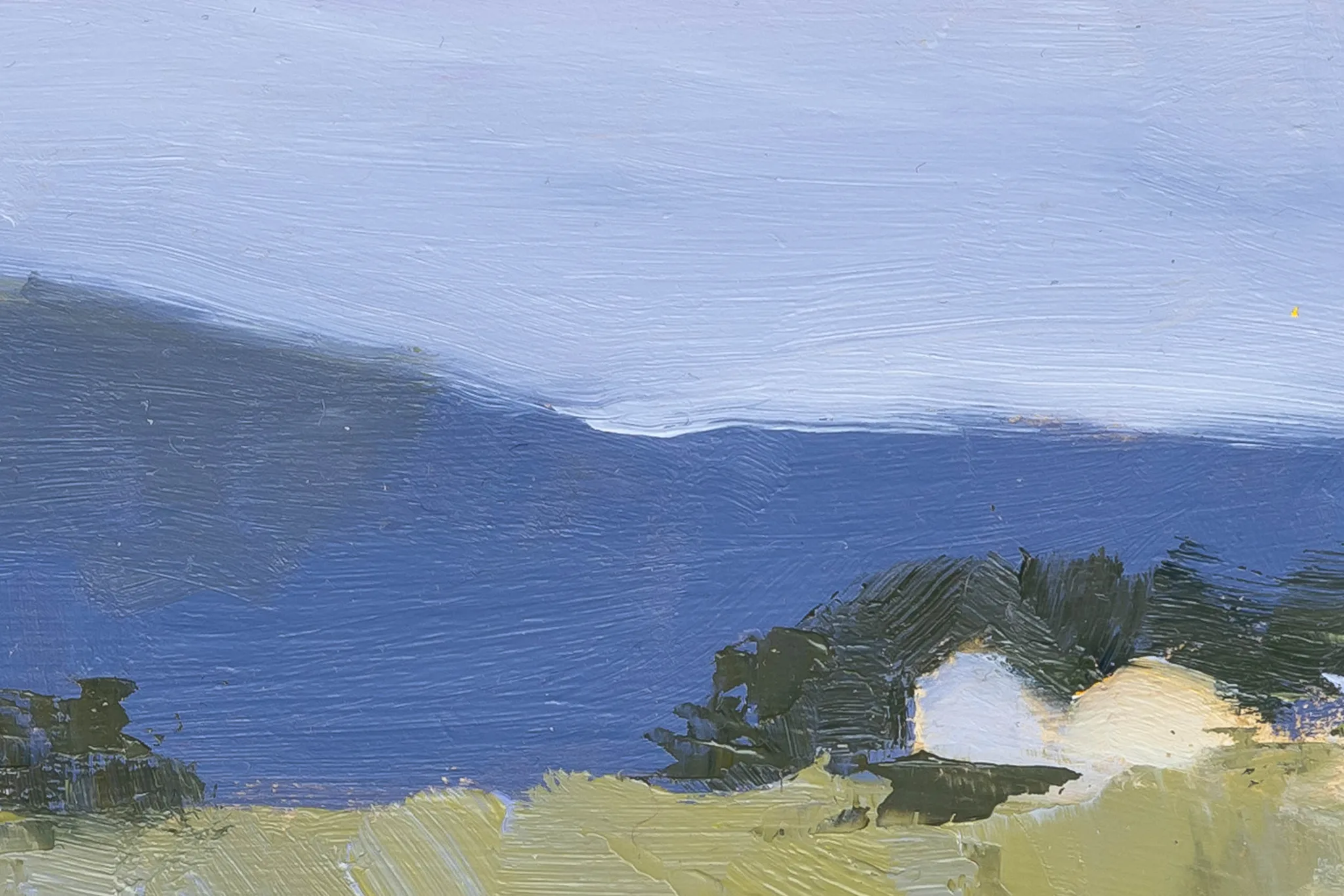 Close-up of Italian Escape, an original oil painting by Paul Kenton: loose blue hills under a pale sky, with dark green trees and white and cream houses beside olive-yellow fields.