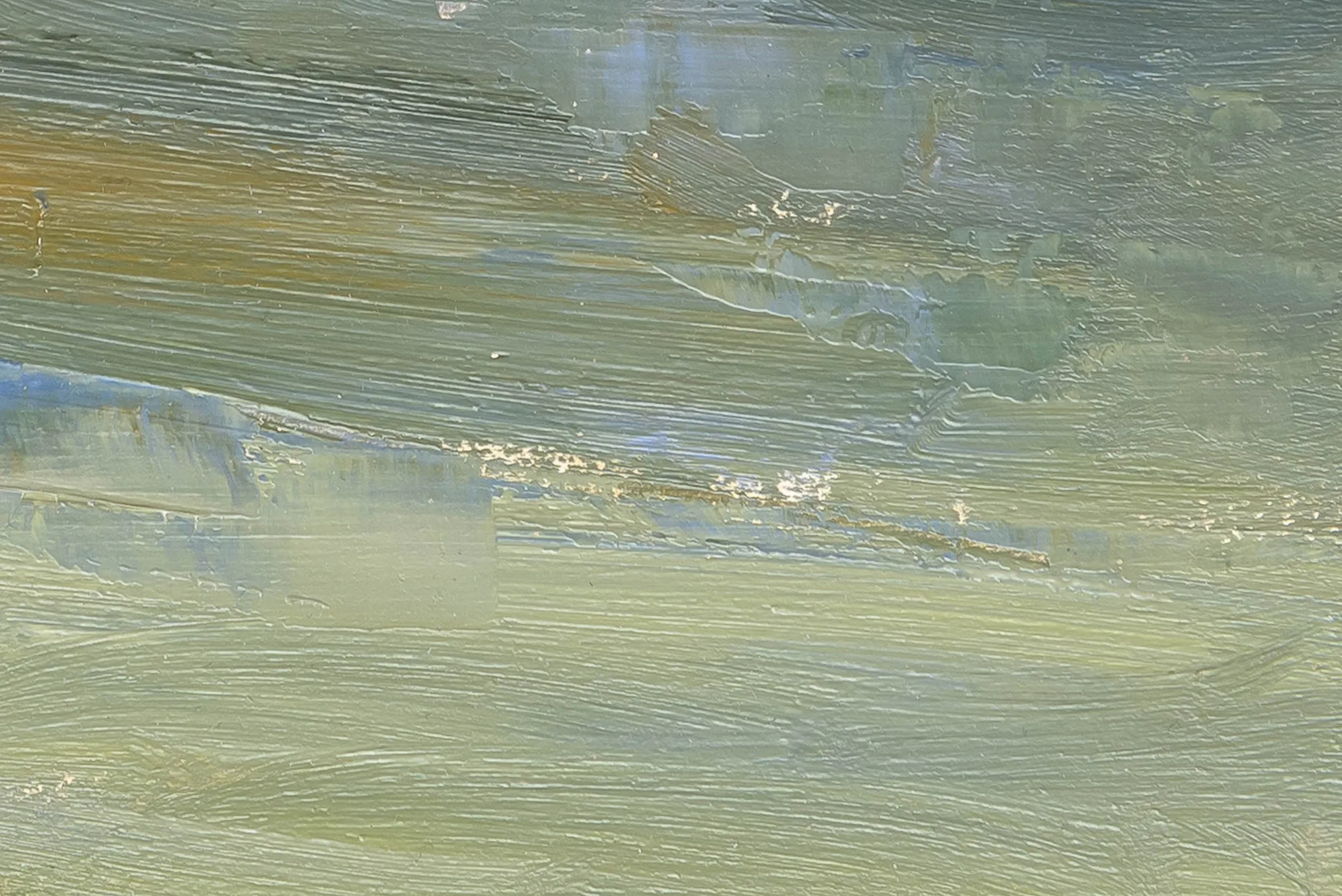 Close-up of Italy Trip, an original oil on board painting by Paul Kenton, showing thick, horizontal brushstrokes in sage green, grey-blue and ochre, with glints of light across the textured surface.