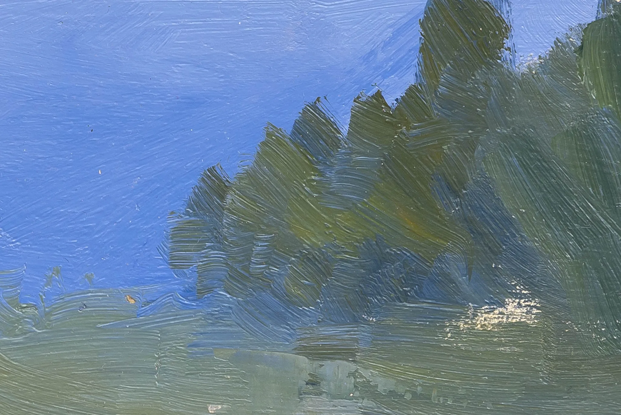 Close-up of Italy Trip, an original oil on board painting by Paul Kenton: loose, textured brushstrokes of blue sky above dark green trees, with a warm glint of light over grassy ground.