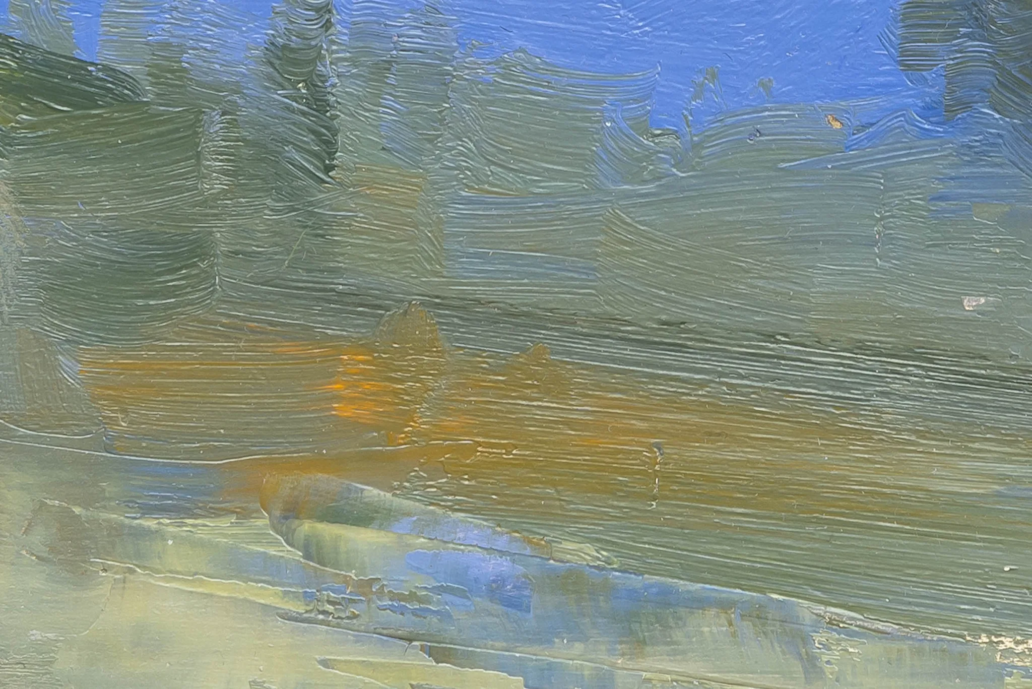 Close-up of Italy Trip, an original oil on board painting by Paul Kenton, showing thick, textured brushstrokes of sage green, ochre and blue sky.