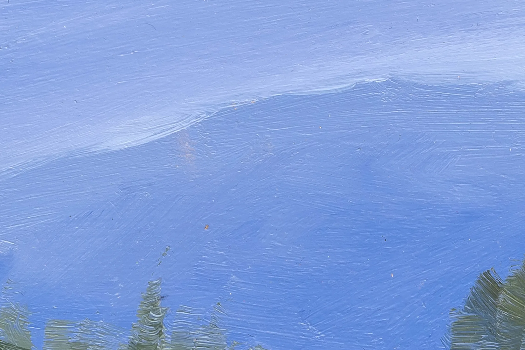 Close-up of the sky in Italy Trip, an original oil on board by Paul Kenton, showing blue brushstrokes, a pale band of cloud and green tree tops at the bottom edge.