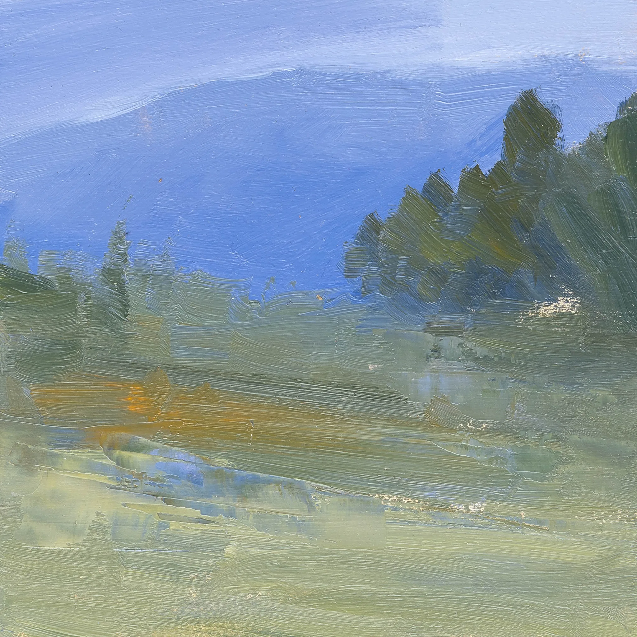 Italy Trip, an original painting by Paul Kenton: a loose oil study of Tuscan countryside, with blue hills under a pale sky, dark green trees on the right and soft yellow-green fields in the foreground.