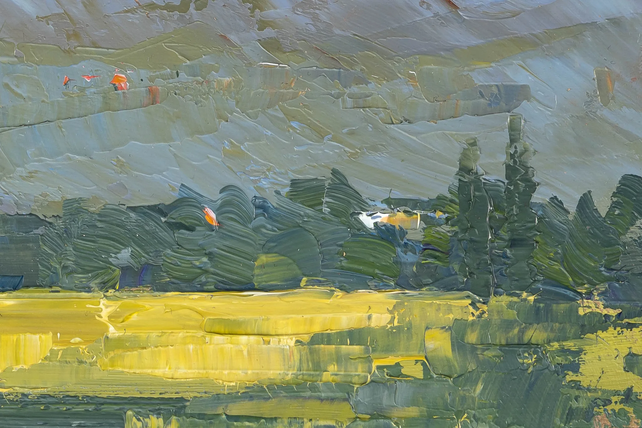 Close-up of Italian Vista, an original oil painting by Paul Kenton, showing thick, textured brushstrokes of yellow field, dark green trees and grey sky.