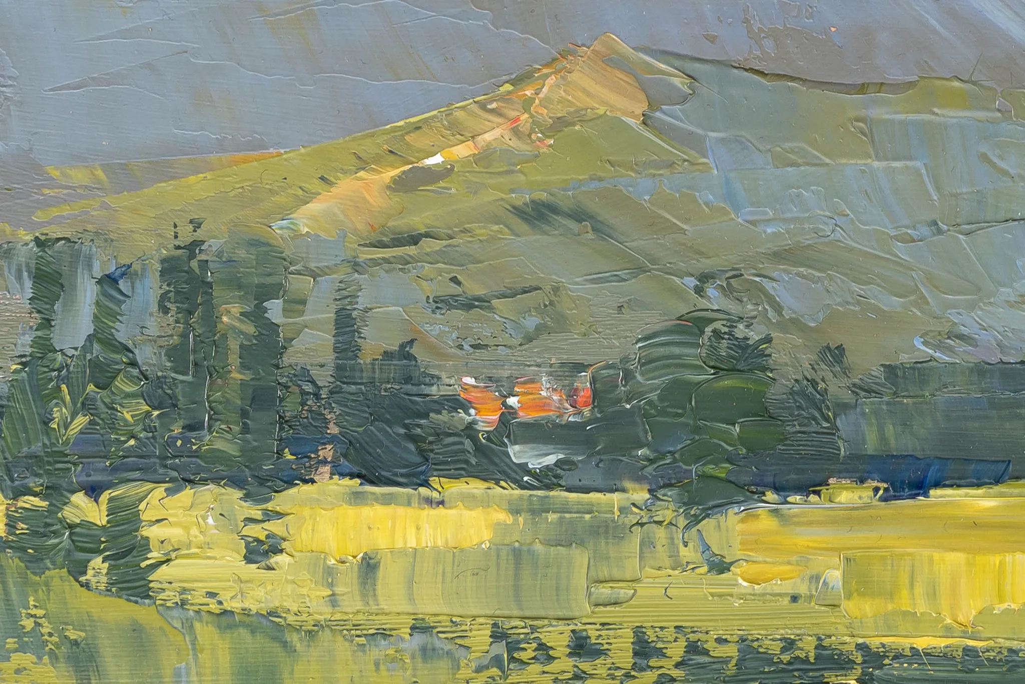 Close-up of Italian Vista, an original oil painting by Paul Kenton, showing thick palette-knife strokes of green trees, yellow fields and a sunlit hillside with warm orange glints.