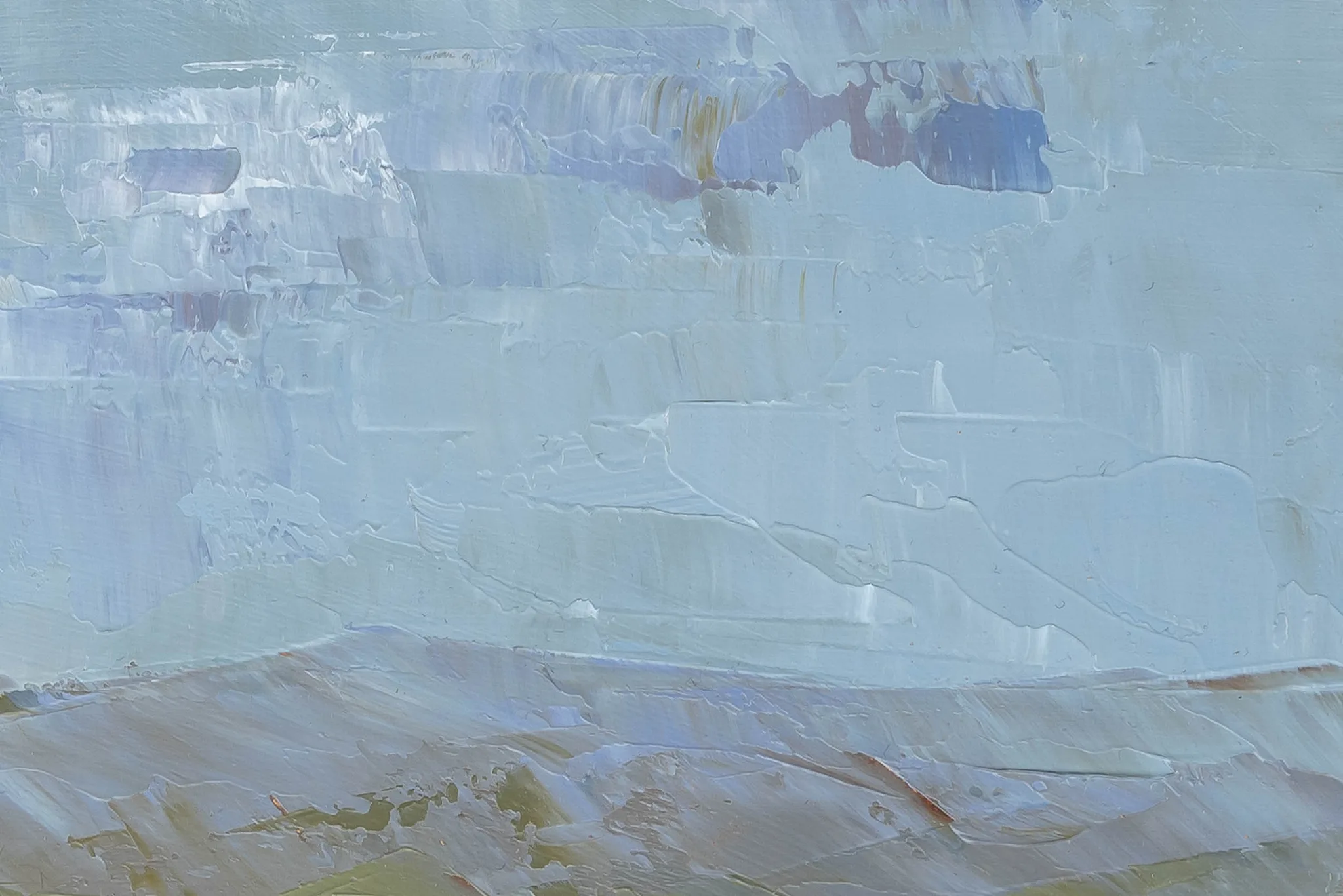 Close-up of Italian Vista, an original oil painting by Paul Kenton, showing thick pale blue and grey brushstrokes above warm ochre and olive earth tones with visible palette-knife texture.