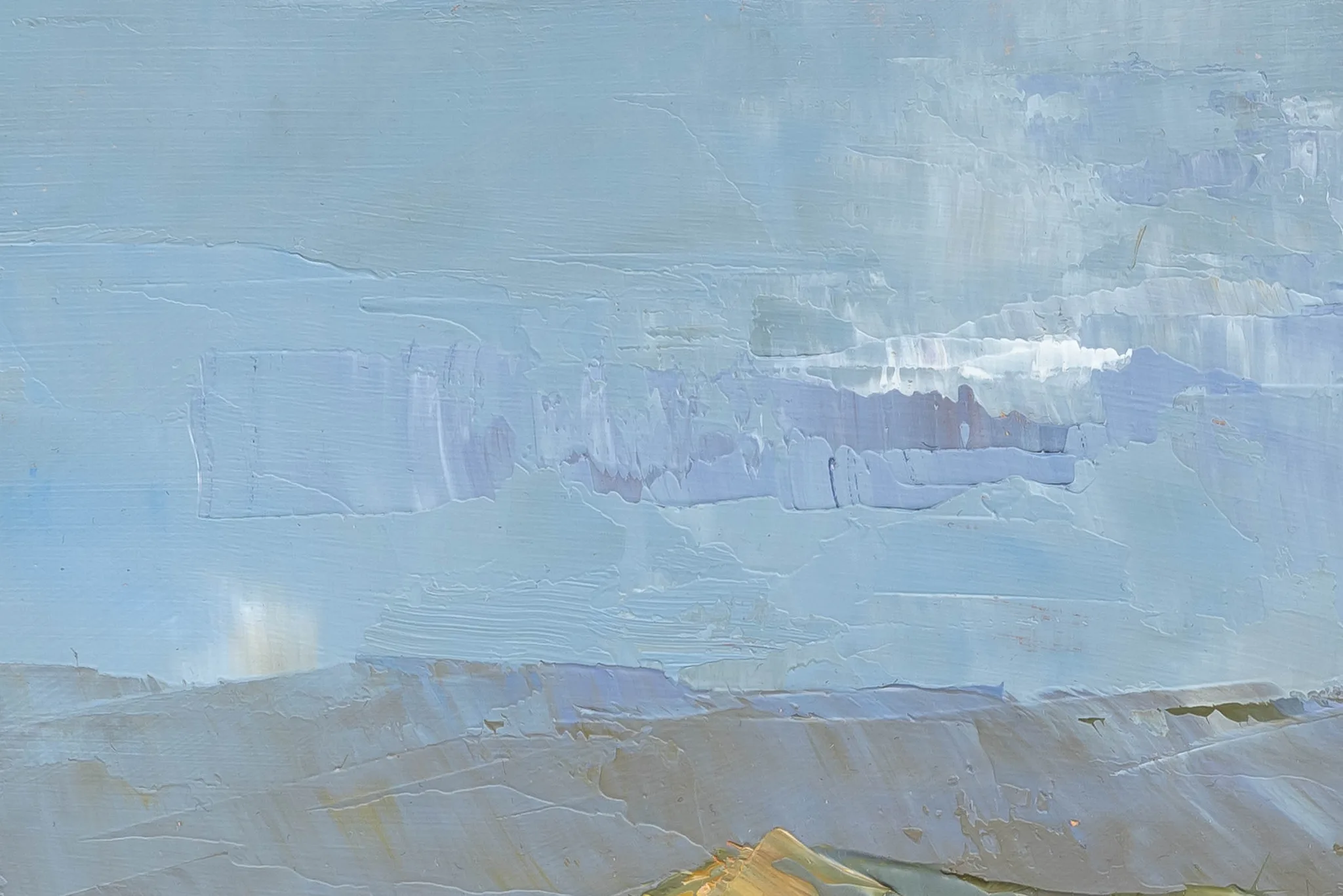 Close-up of Italian Vista, an original oil painting by Paul Kenton, showing thick pale blue and lilac palette-knife strokes across a misty sky above soft grey-brown hills touched with ochre.