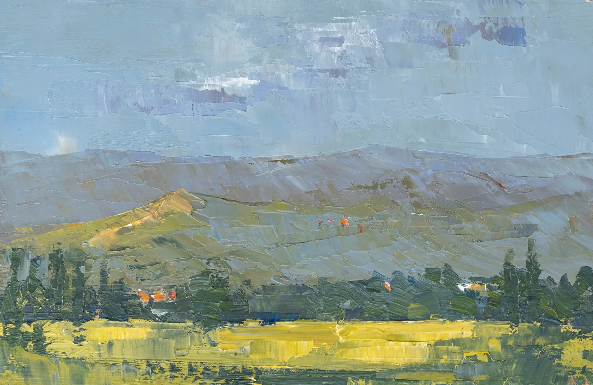 Italian Vista, an original oil on board painting by Paul Kenton: thick, textured brushwork shows sunlit Tuscan hills under a pale blue sky, with dark cypresses and bright yellow fields in the foreground.
