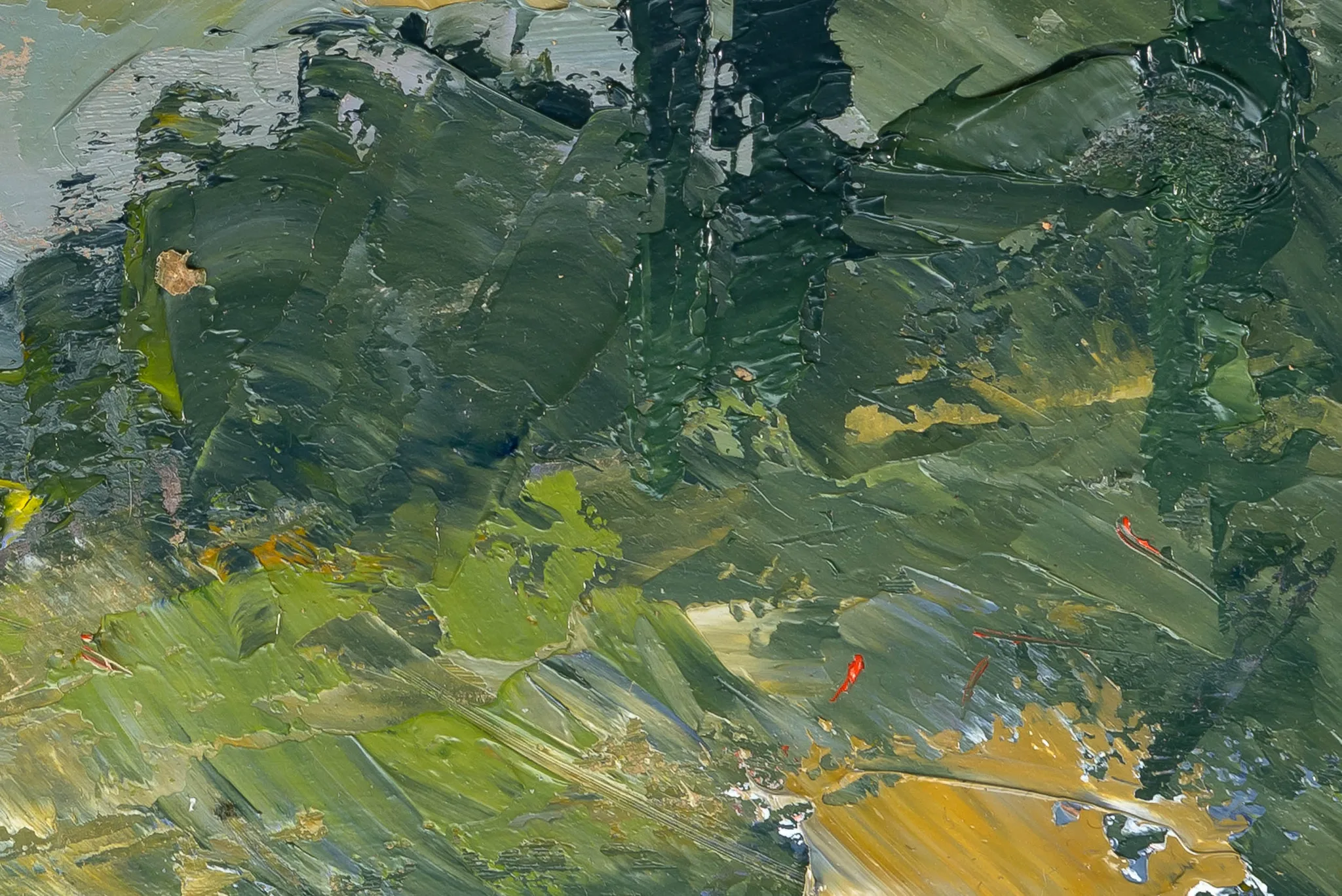 Close-up of Italian View, an original oil on board painting by Paul Kenton, showing thick, textured green brushstrokes with flecks of ochre and small touches of red.