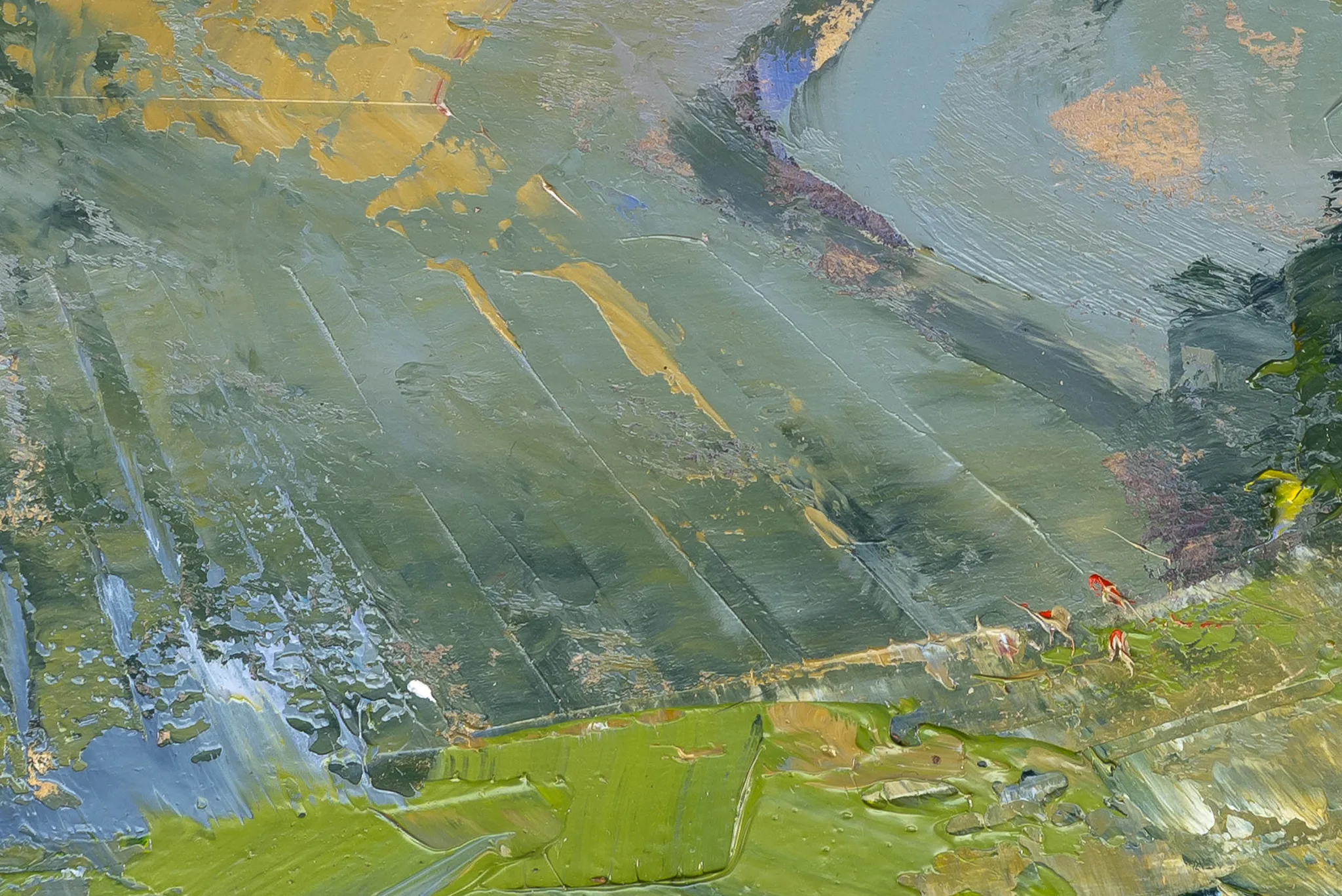 Close-up of Italian View, an original oil painting by Paul Kenton: thick, scraped brushwork in grey-greens, ochre and blue, with bright green fields and small red roofs at the lower right.