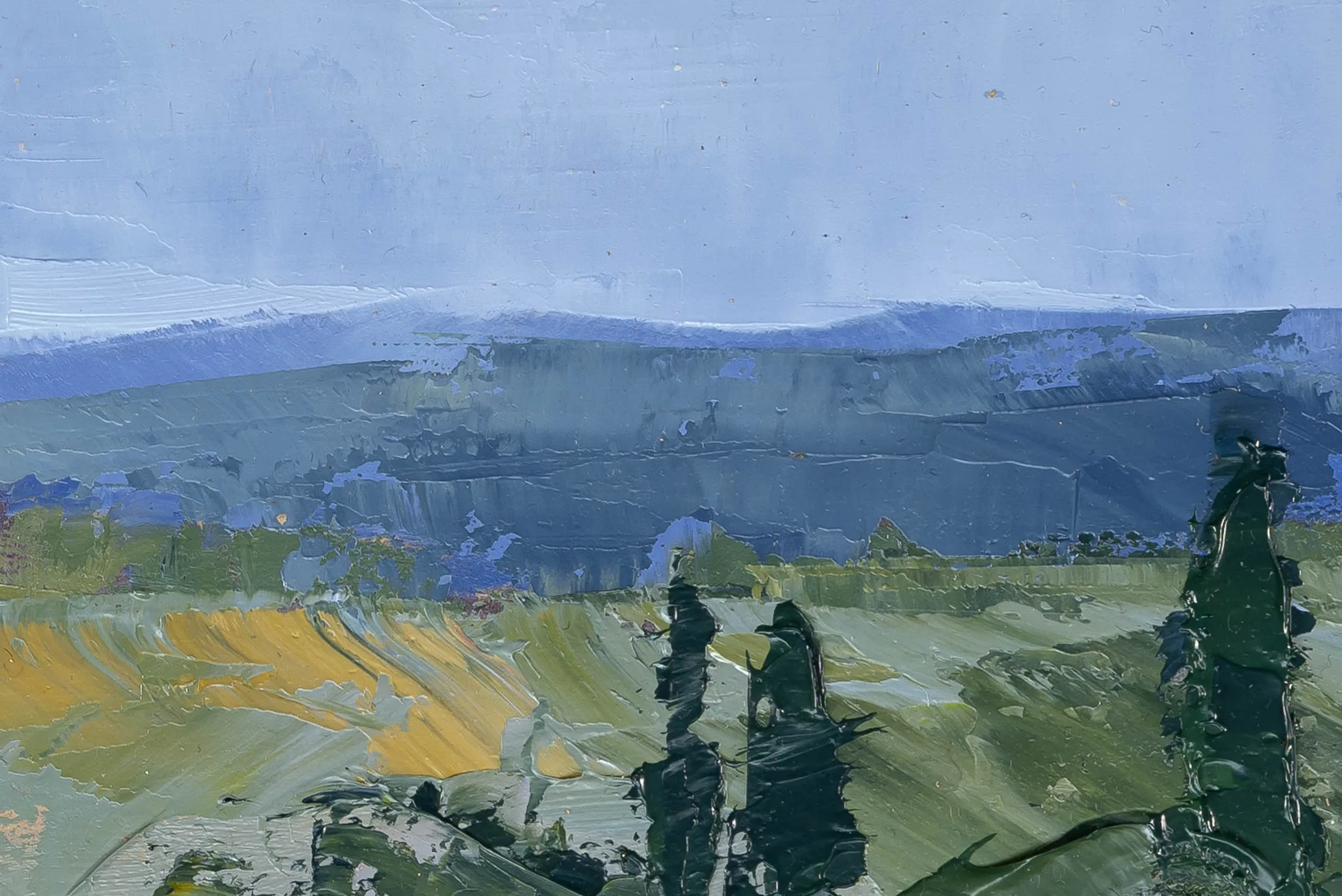 Close-up of Italian View, an original oil painting by Paul Kenton showing thick, textured brushwork: blue hills under a pale sky, with yellow fields and dark green cypress trees in the foreground.