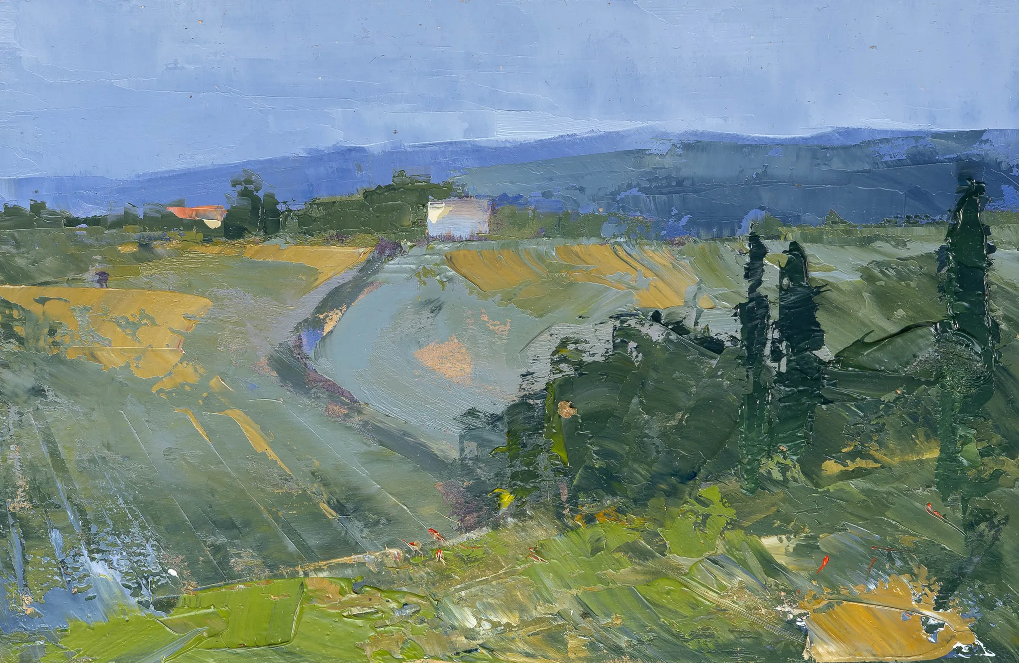Italian View, an original painting by Paul Kenton: a Tuscan valley of thick, textured greens and ochre fields under a pale blue sky, with dark cypress trees on the right and a distant farmhouse.