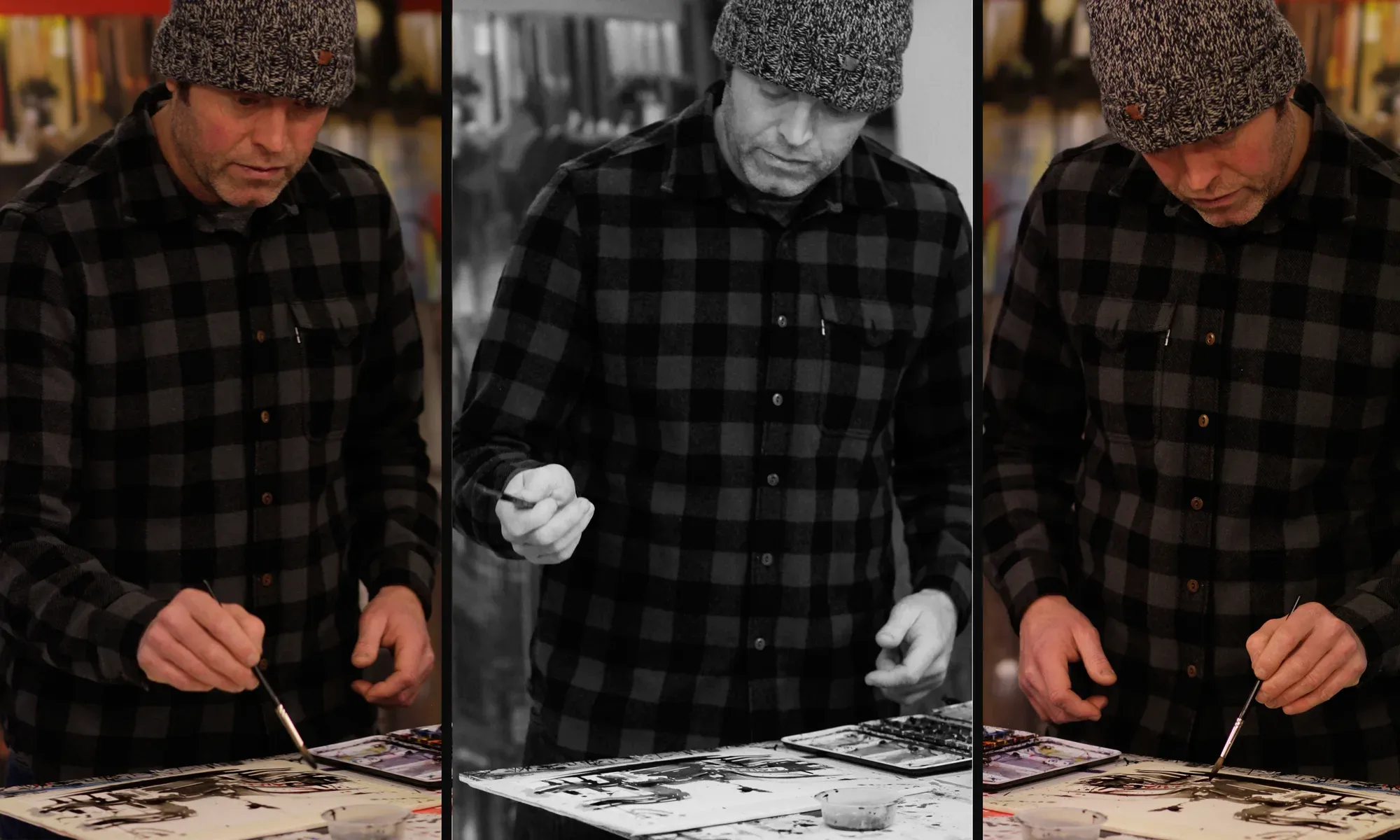 Three side-by-side photos of Paul Kenton in a checked shirt and woolly hat painting a black ink cityscape on paper, the middle one in black and white
