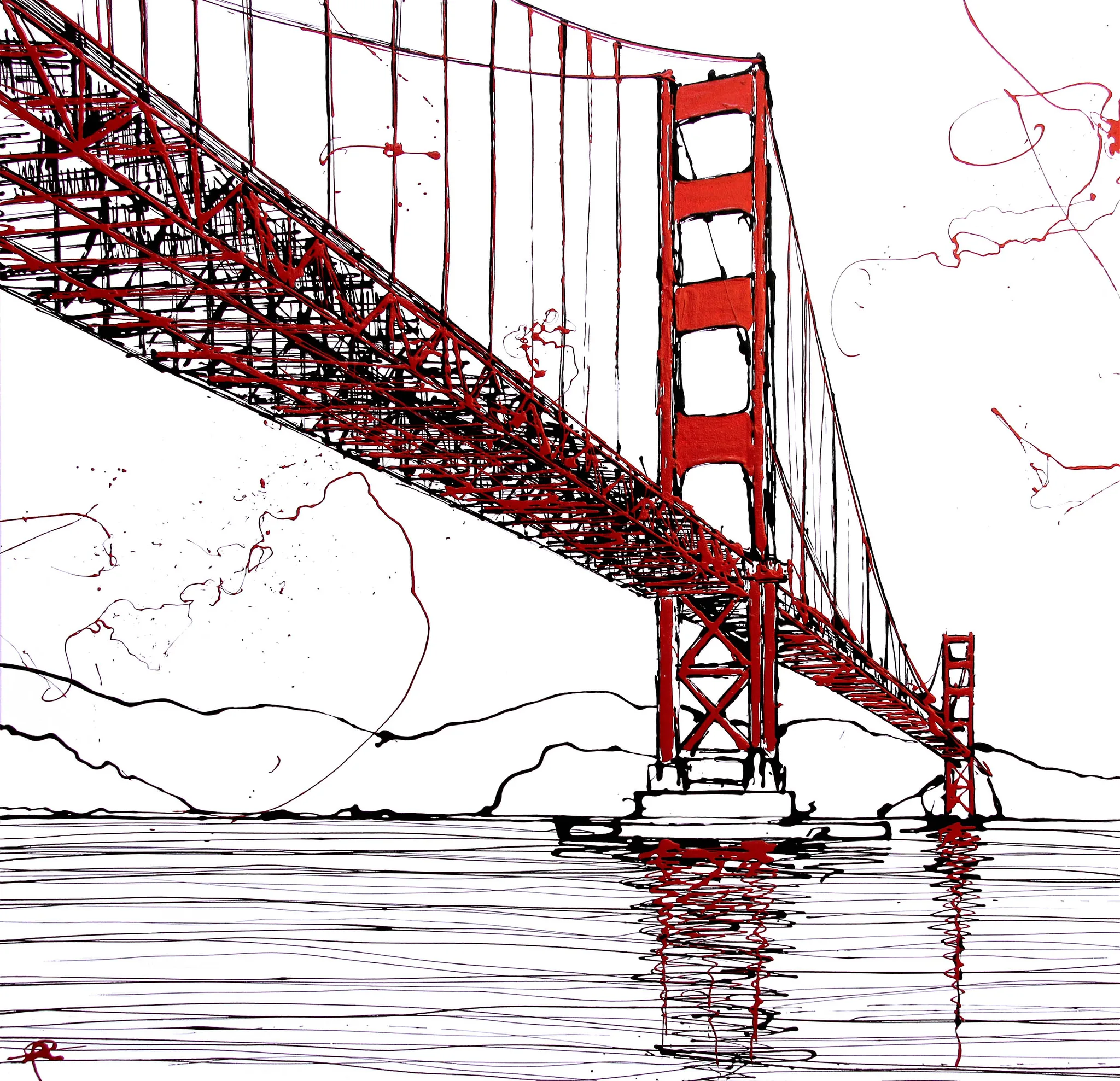 Paul Kenton’s painting Golden Energy: the Golden Gate Bridge in red lines and drips on white, reflected in water drawn in fine black lines