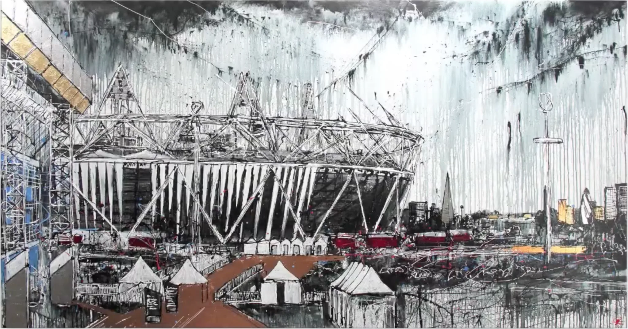 Paul Kenton’s painting London Glory: the 2012 Olympic Stadium in black, white and grey, under a sky of long vertical paint drips, with a red line of buildings and the London skyline beyond
