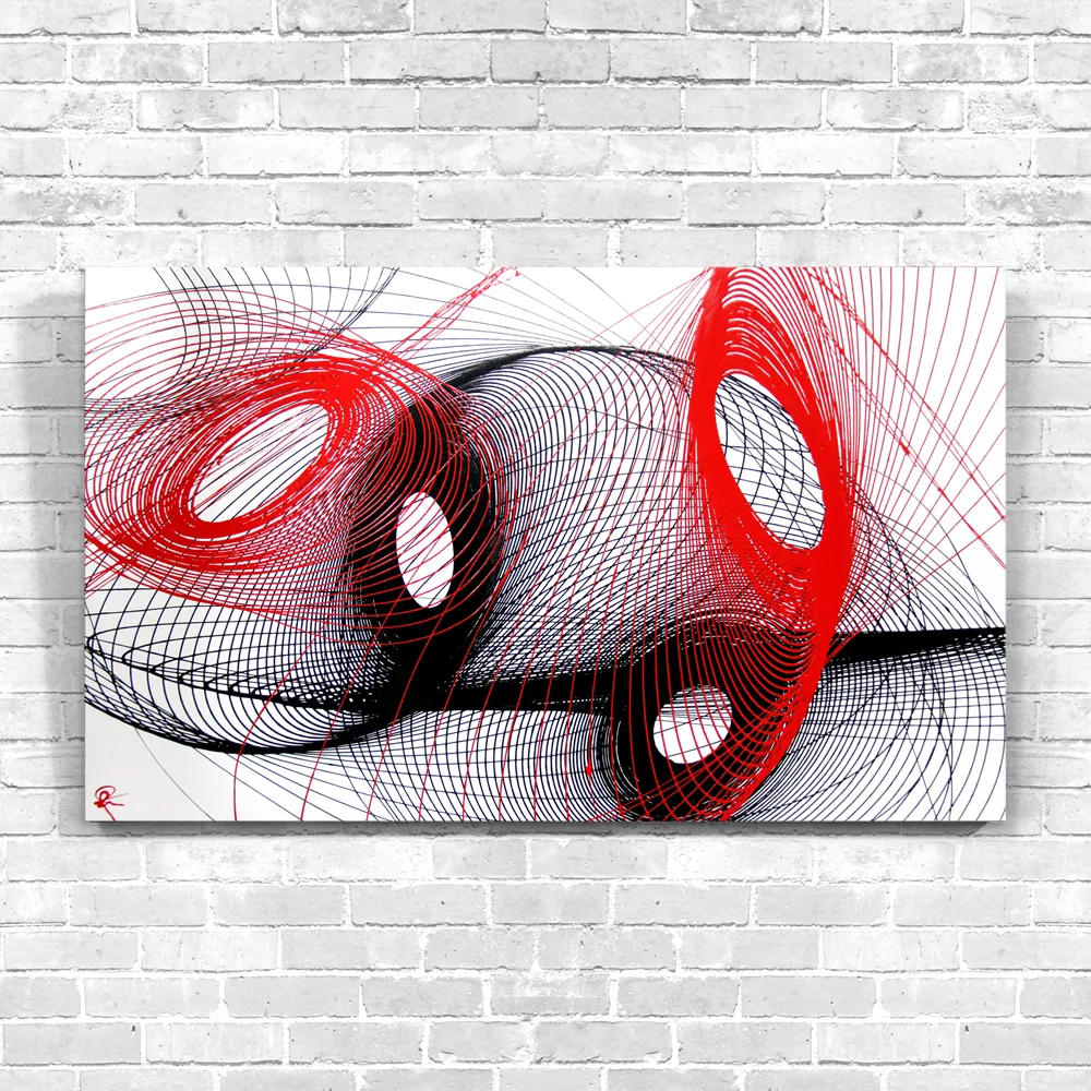Paul Kenton’s painting Low Pressure: swirling rings of fine red and black lines on a white canvas, hung on a white brick wall