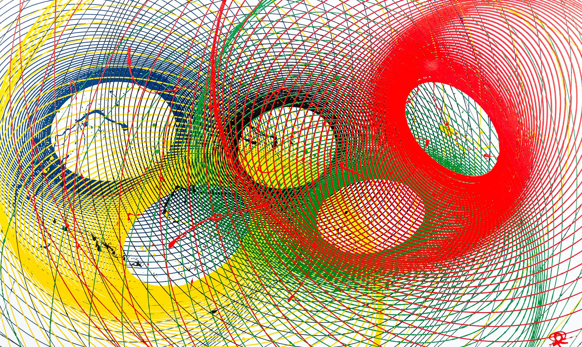 Paul Kenton’s painting Olympic Hope: five open rings made of fine, sweeping lines of blue, yellow, black, green and red paint on white