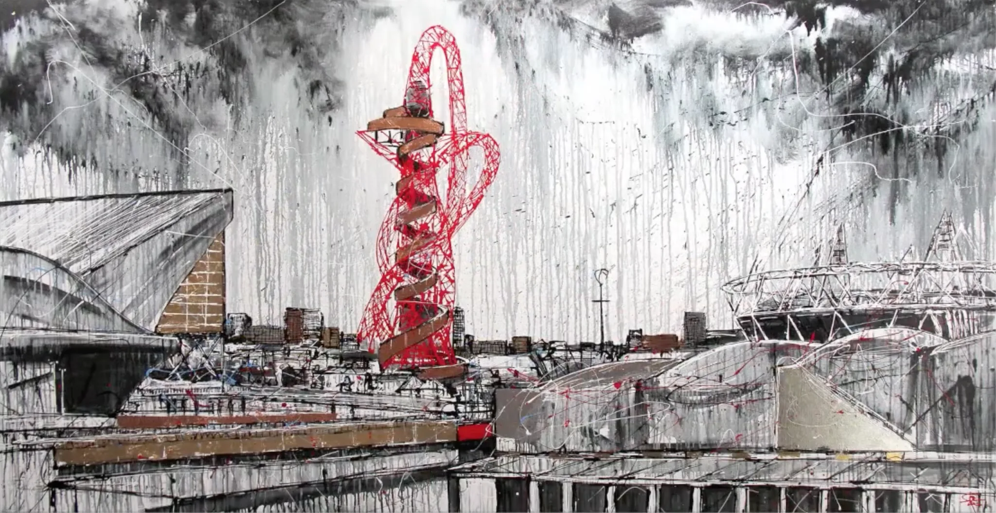 Paul Kenton’s painting of the Olympic Park in grey and white drips, the red lattice of the ArcelorMittal Orbit tower rising in the centre and the stadium on the right