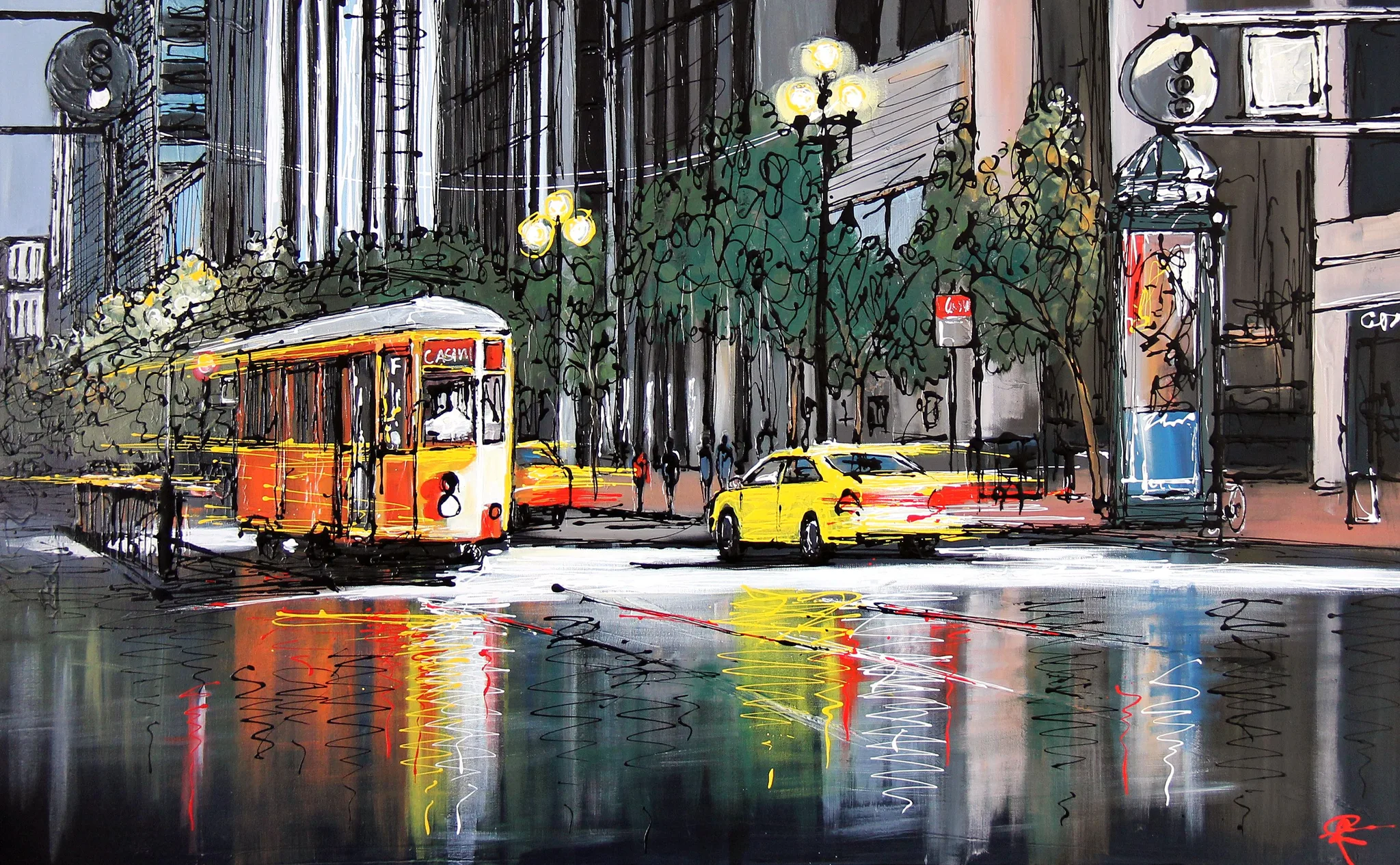 Paul Kenton’s painting of an orange tram and a yellow taxi on a rain-soaked city street, their colours streaking in reflections on the road