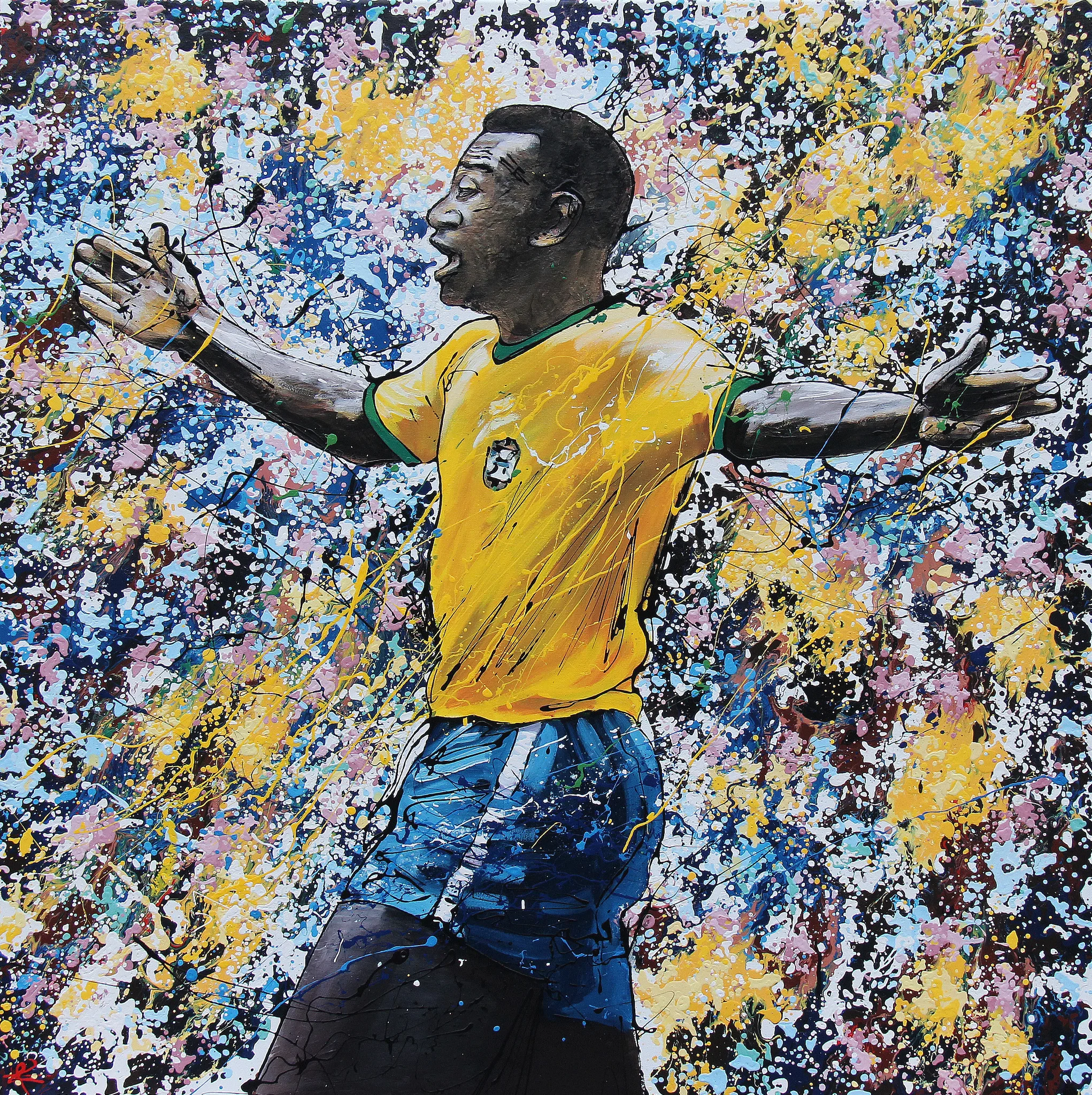 Paul Kenton’s painting of Pelé in Brazil’s yellow shirt and blue shorts, arms flung wide in celebration, against a storm of yellow, blue and white paint splatter