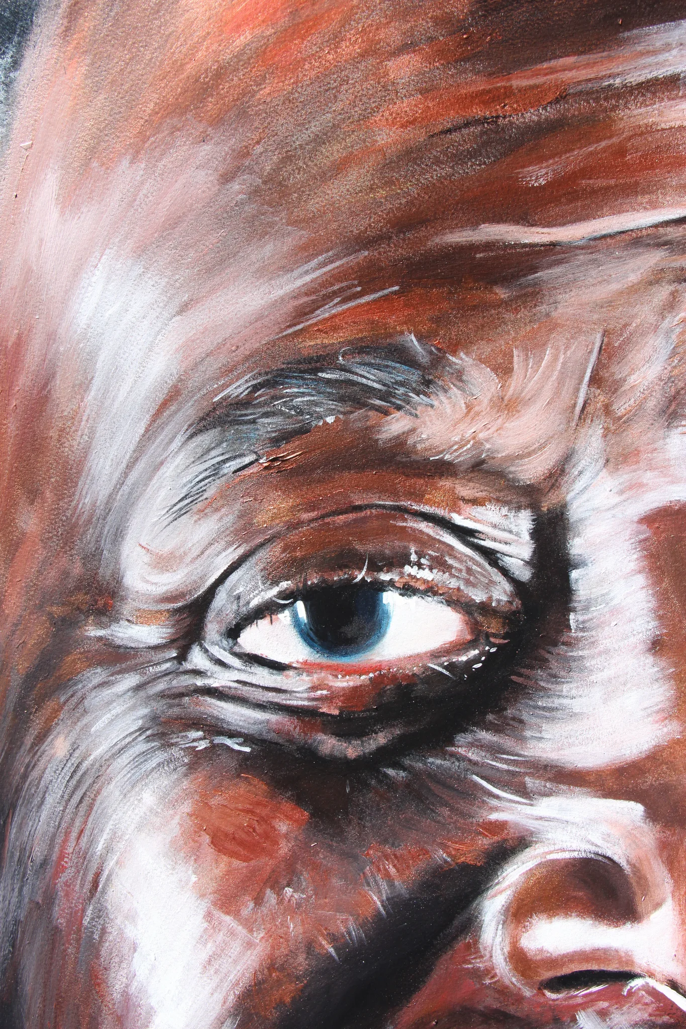 Close detail of the portrait painting: one eye in fine brushwork, surrounded by sweeping strokes of brown, pink and white