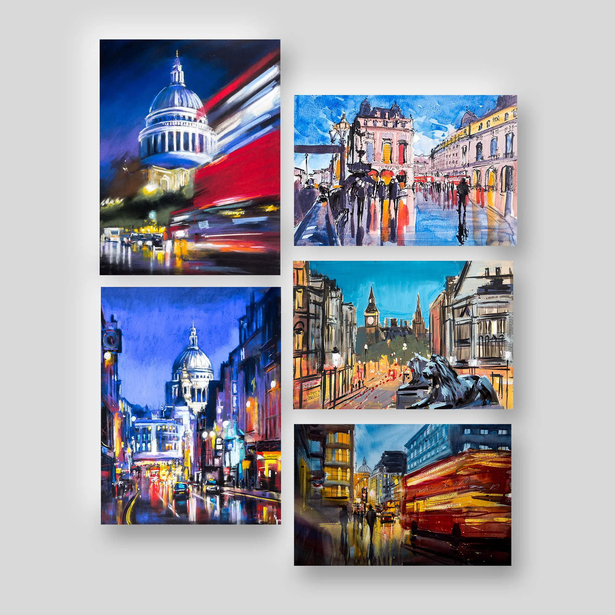 Streets of London print collection set by Paul Kenton: five London cityscapes, including St Paul's Cathedral at dusk, a red bus, Big Ben and a stone lion, in bold blue, red and amber.