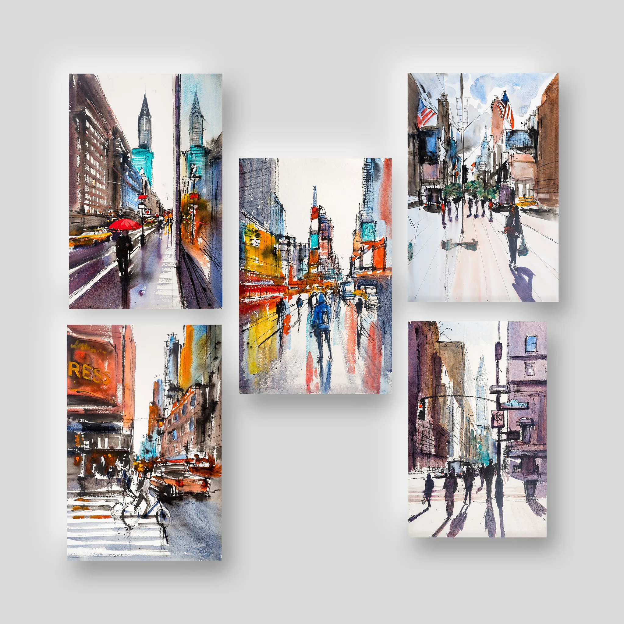 New York Watercolour & Ink, a print collection set by Paul Kenton: five giclée prints of loose, bold city streets with yellow cabs, a red umbrella, and figures crossing in soft blues, oranges and greys.