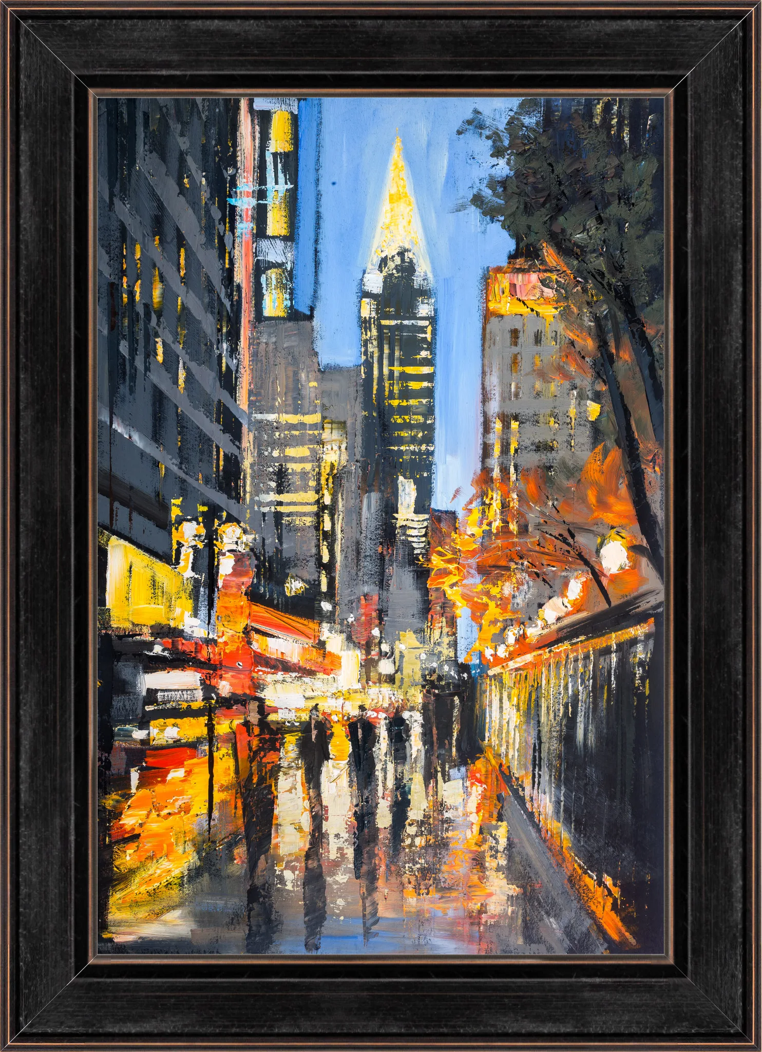 Chrysler Lights, a limited edition print by Paul Kenton in a black wooden frame: a textured nocturnal street of New York, with the gilded spire of the Chrysler Building glowing against a blue dusk sky.