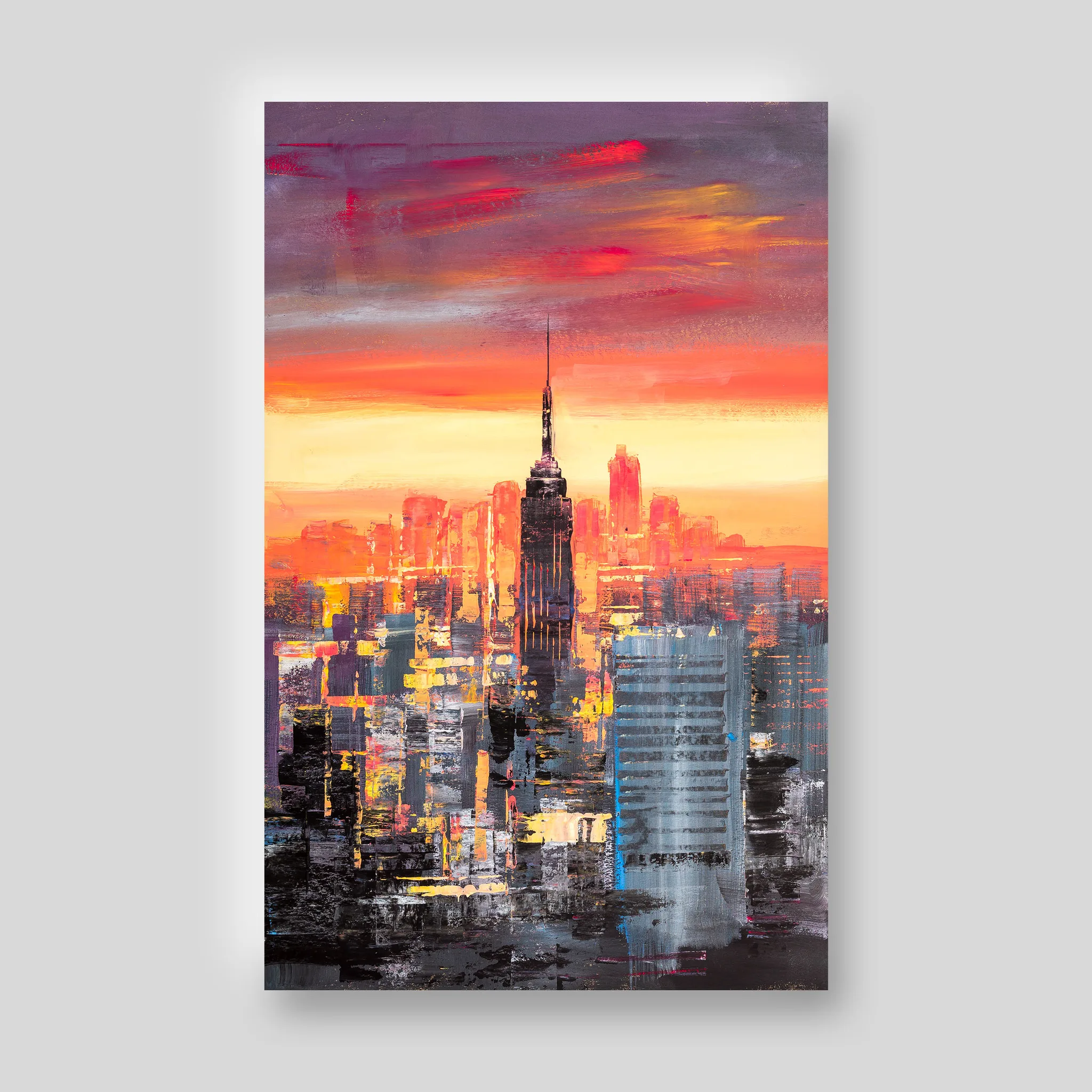 Empire State Power, a limited edition print by Paul Kenton: the Empire State Building rises at dusk above a textured Manhattan skyline beneath a fiery orange and red sky.