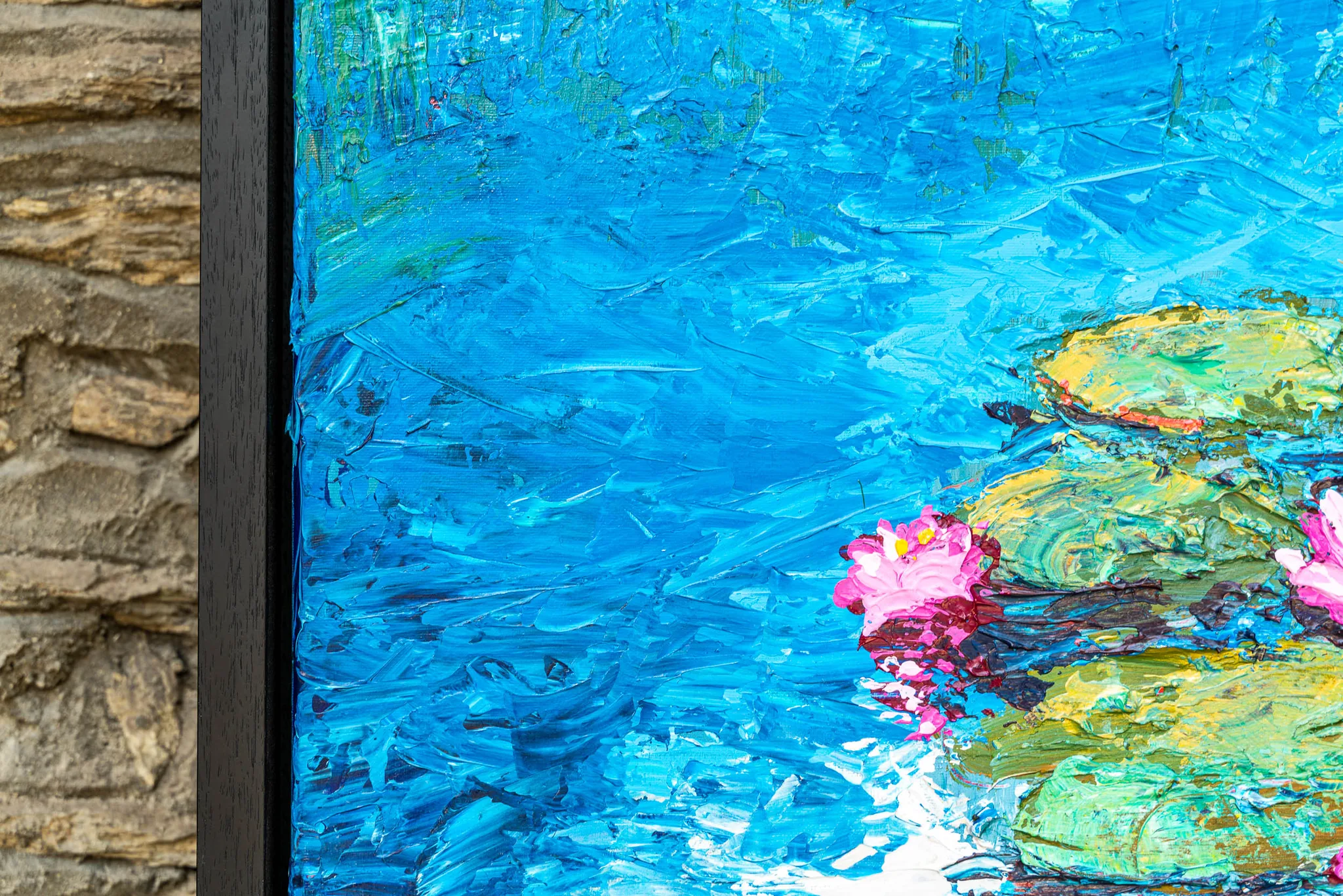 Close-up of Impressionist Waters, an original painting by Paul Kenton: thick turquoise brushstrokes of water, with green lily pads and pink water lily blooms at the right edge.