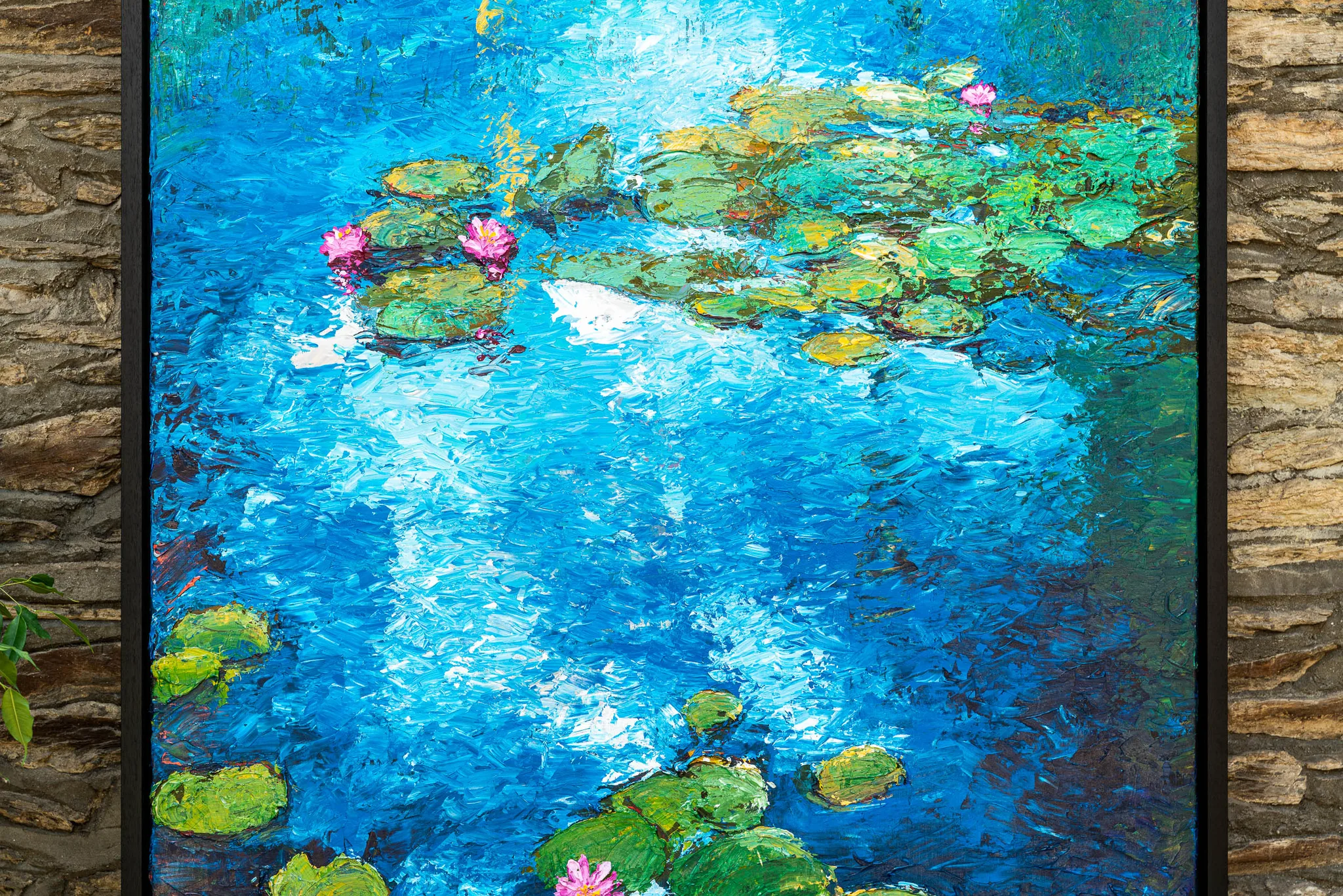 Close-up of Impressionist Waters, an original mixed media painting by Paul Kenton: thick turquoise and blue brushstrokes across water, with green lily pads and pink water lilies, textured with palette knife marks.