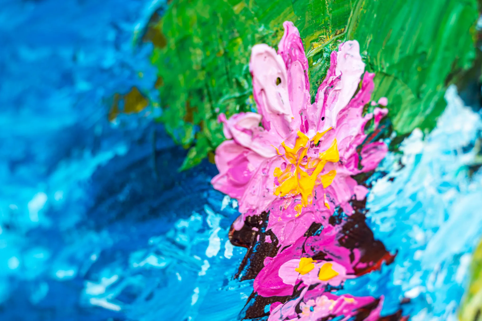 Close-up of Impressionist Waters, an original painting by Paul Kenton, showing a pink flower with yellow stamens in thick textured brushwork against blue and green.