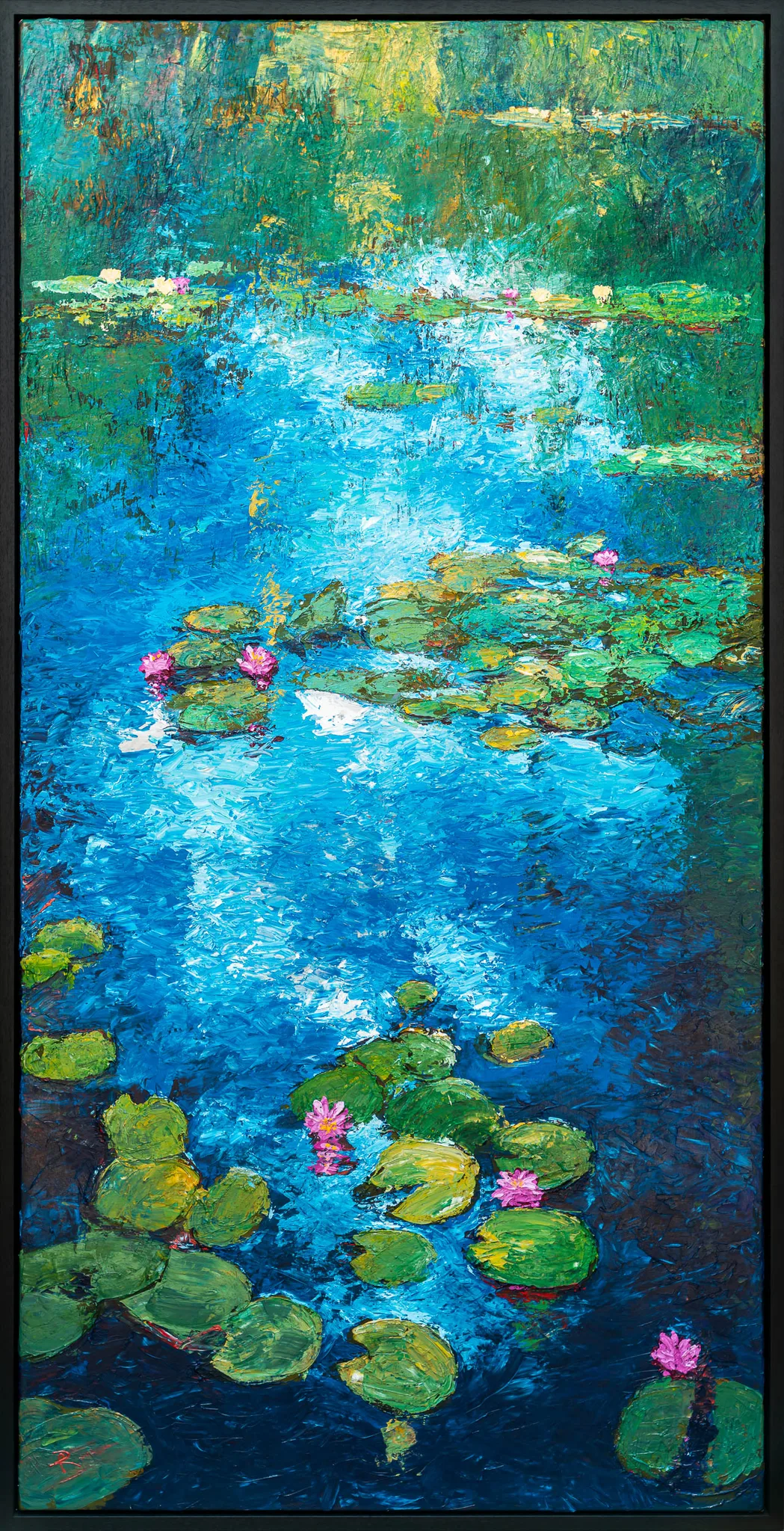 Impressionist Waters, an original painting by Paul Kenton in a slim black frame: a vivid blue pond dappled with white light, green lily pads and pink water lilies beneath a textured green bank.