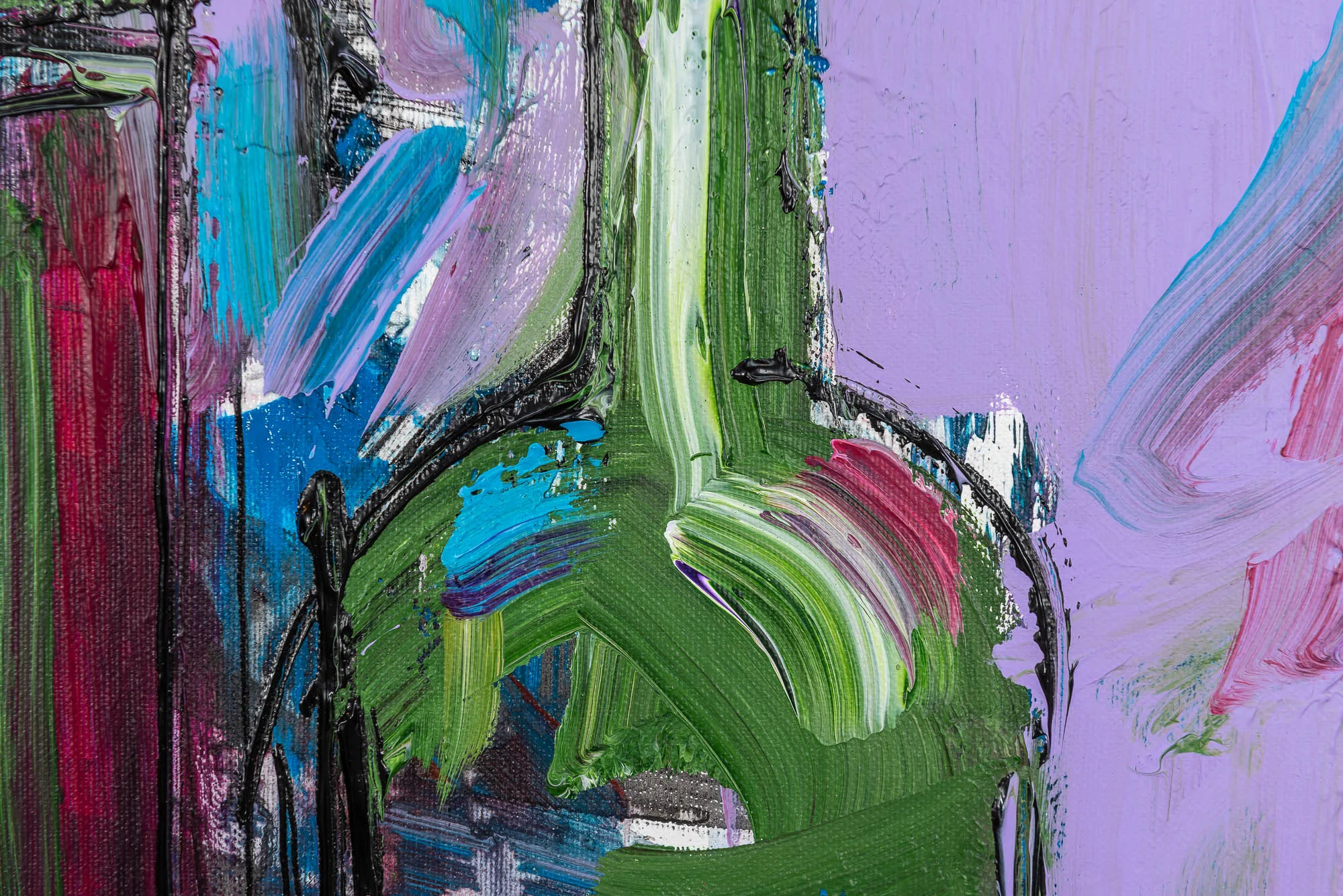 Close-up of Joy, an original painting by Paul Kenton: thick, textured brushstrokes of green, pink, blue and violet, with black linework and lilac ground.