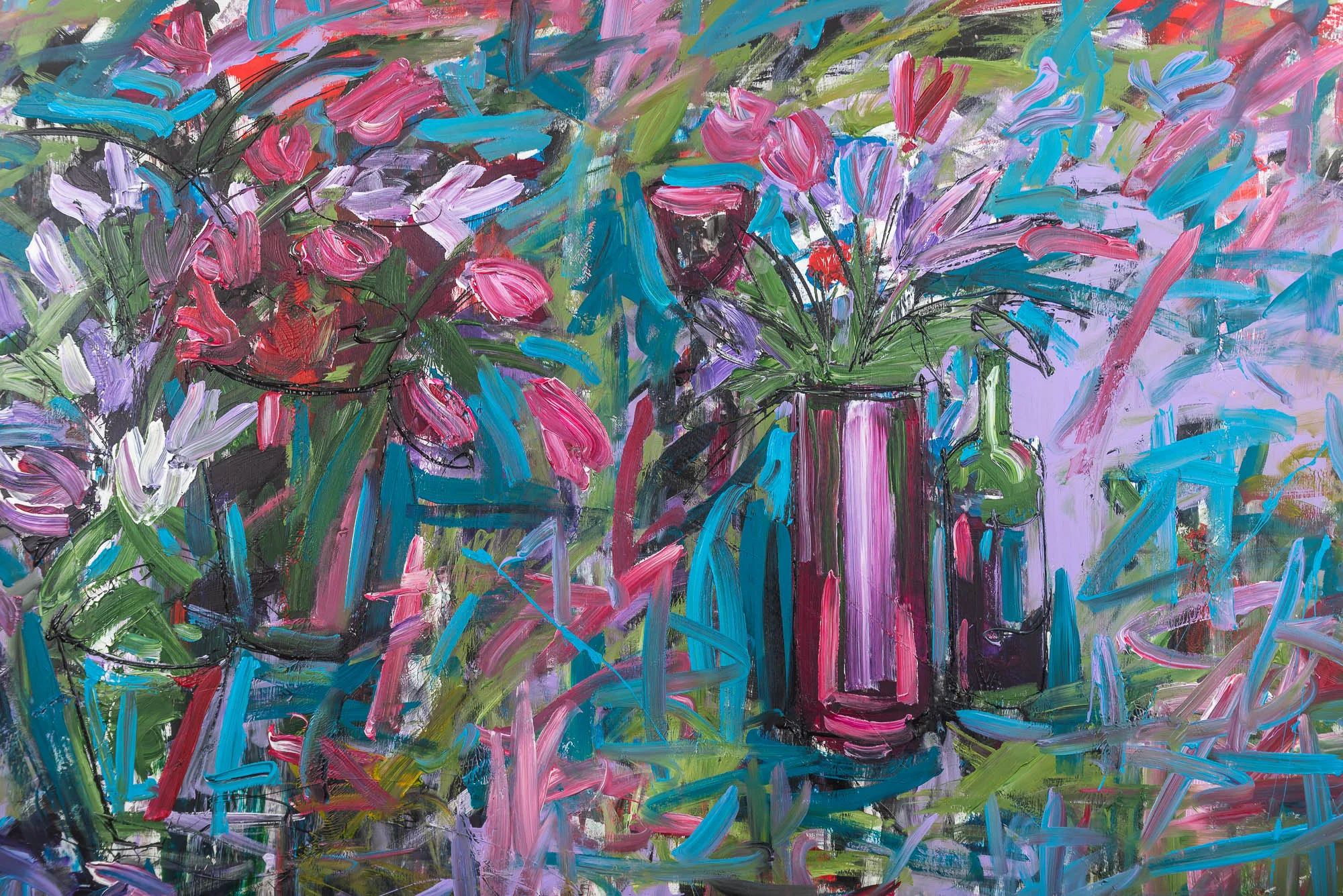 Close-up of Joy, an original painting by Paul Kenton: loose, energetic brushstrokes in pink, teal and green build up flower vases, with a lilac ground and thick textured paint.