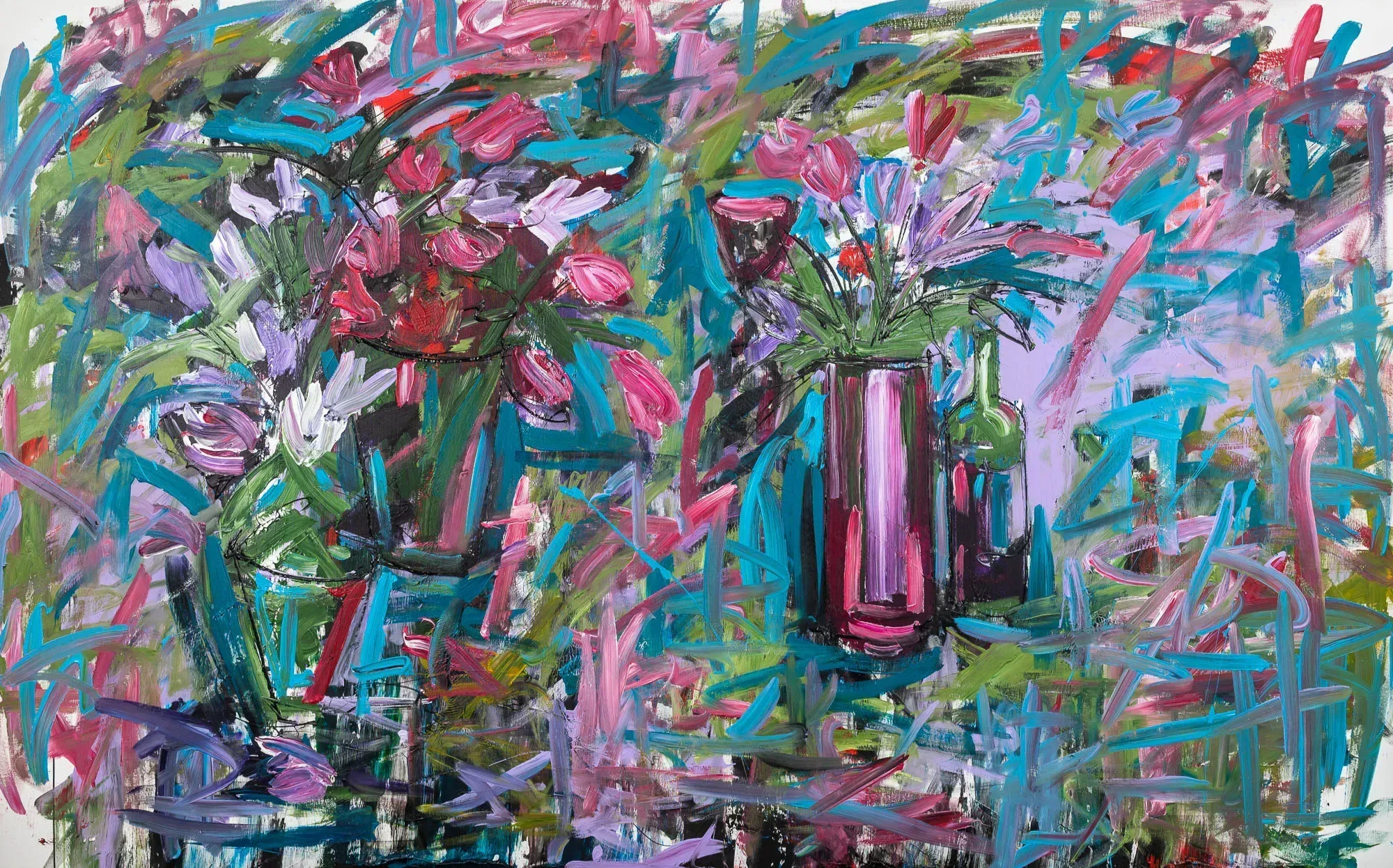 Joy, an original painting by Paul Kenton: loose, energetic brushstrokes in pink, violet, teal and green build two vases of flowers, one on the left and one on the right, against a lilac background.