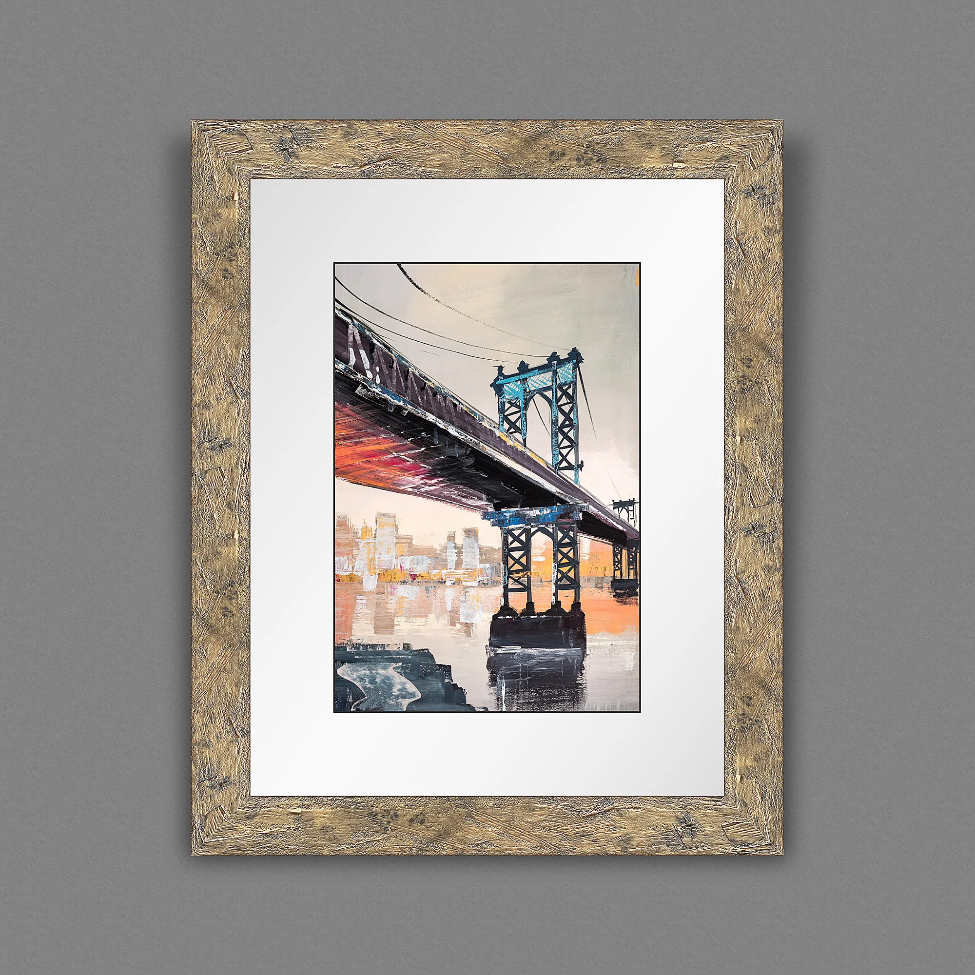 Manhattan Bridge Splendour, a limited edition print by Paul Kenton, in a distressed gold-brown frame with a white mat. It shows the bridge's blue-green towers and deck from below, with a hazy New York skyline beyond.