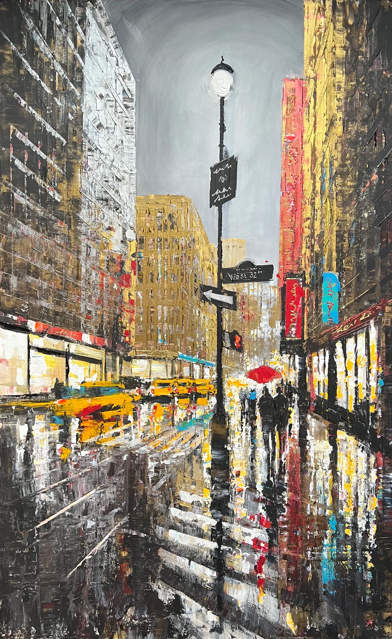 Manhattan Showers, an original painting by Paul Kenton: a rain-soaked New York street at dusk, yellow taxis, glowing shopfronts and a red umbrella under a lamppost, in bold textured grey and gold.
