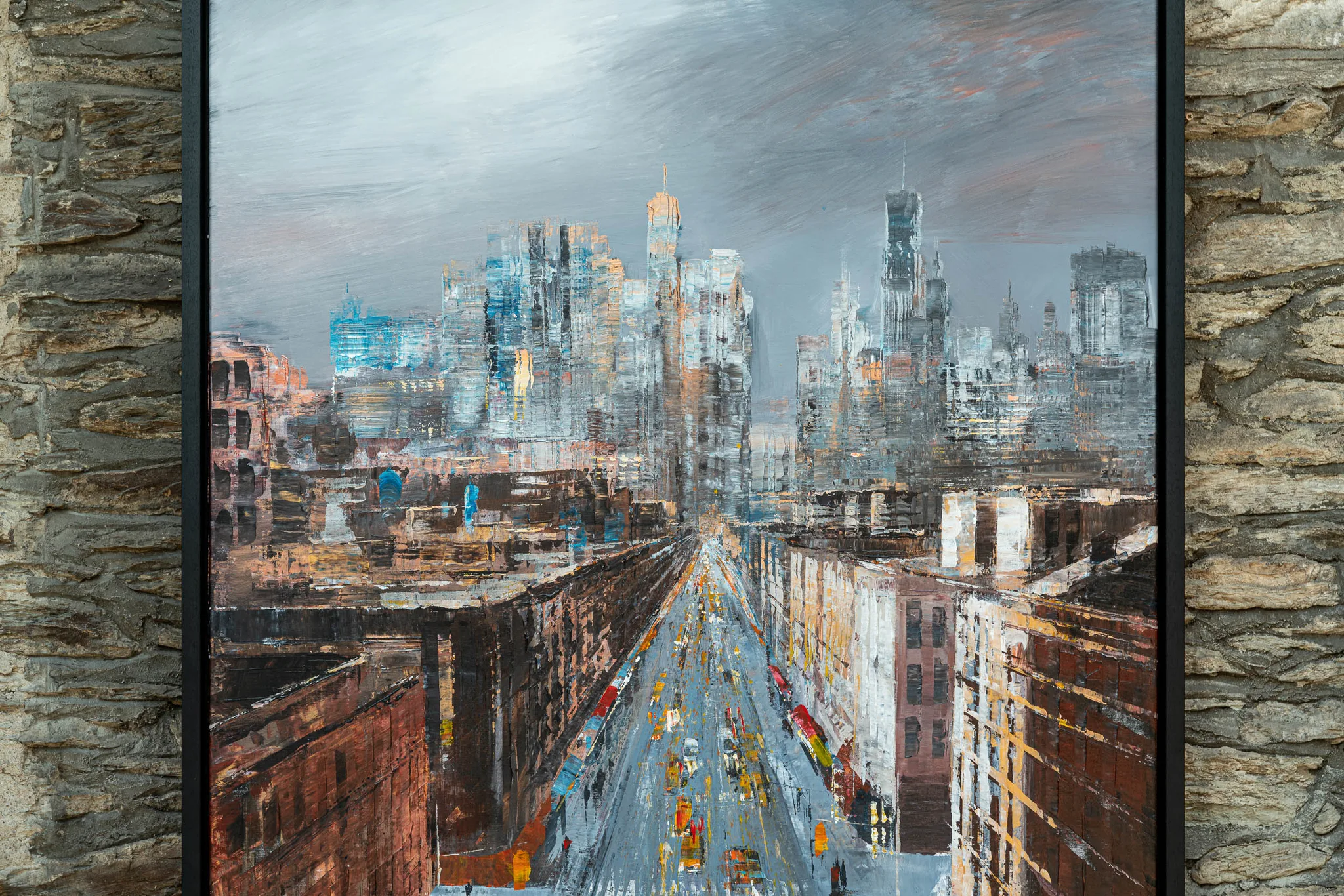 Close-up of New York Groove, an original painting by Paul Kenton: a textured street lined with brick buildings runs toward a hazy skyline of glassy towers in cool blues and greys, with warm golden accents.