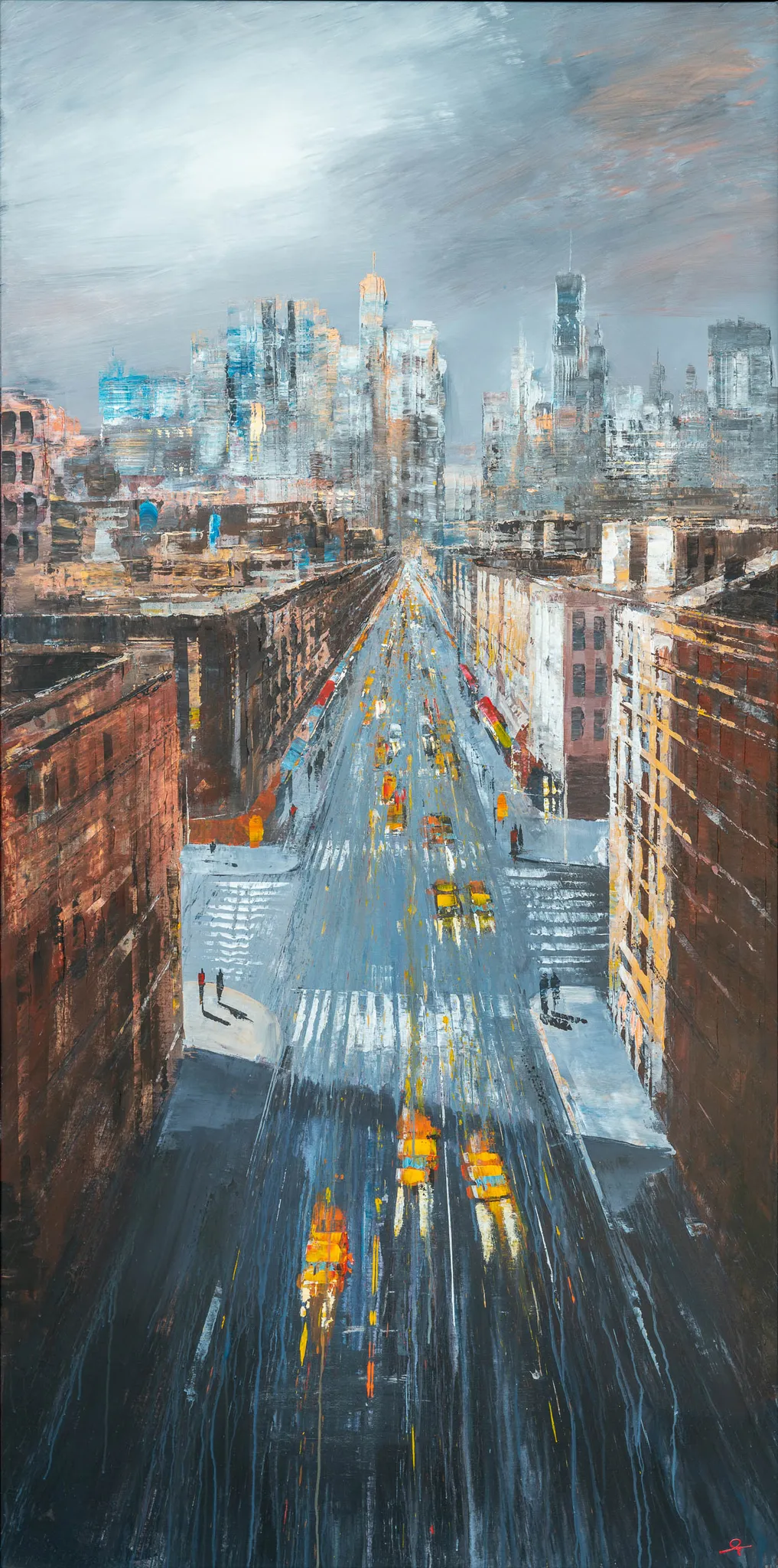 New York Groove, an original painting by Paul Kenton: a rain-slicked avenue runs toward a hazy skyline, flanked by brick buildings, with yellow taxis blurred in grey, blue and amber.