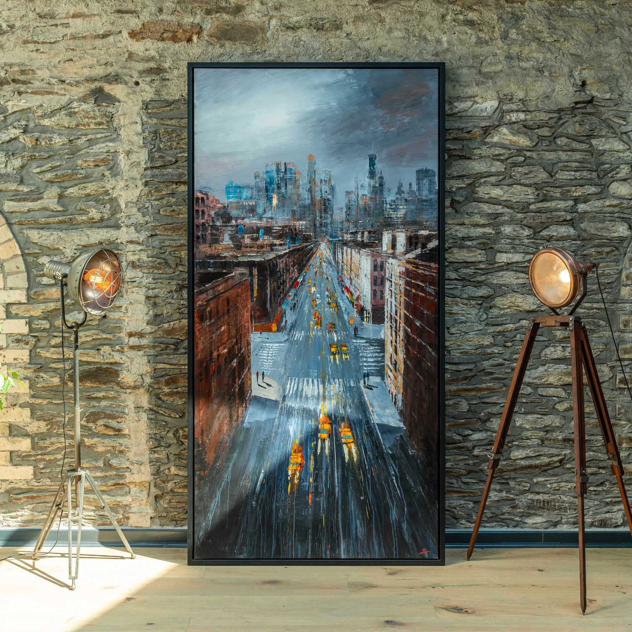 New York Groove, a 2023 original mixed media painting by Paul Kenton: a rain-slicked avenue with glowing yellow taxis runs toward a grey skyline under a stormy blue sky.