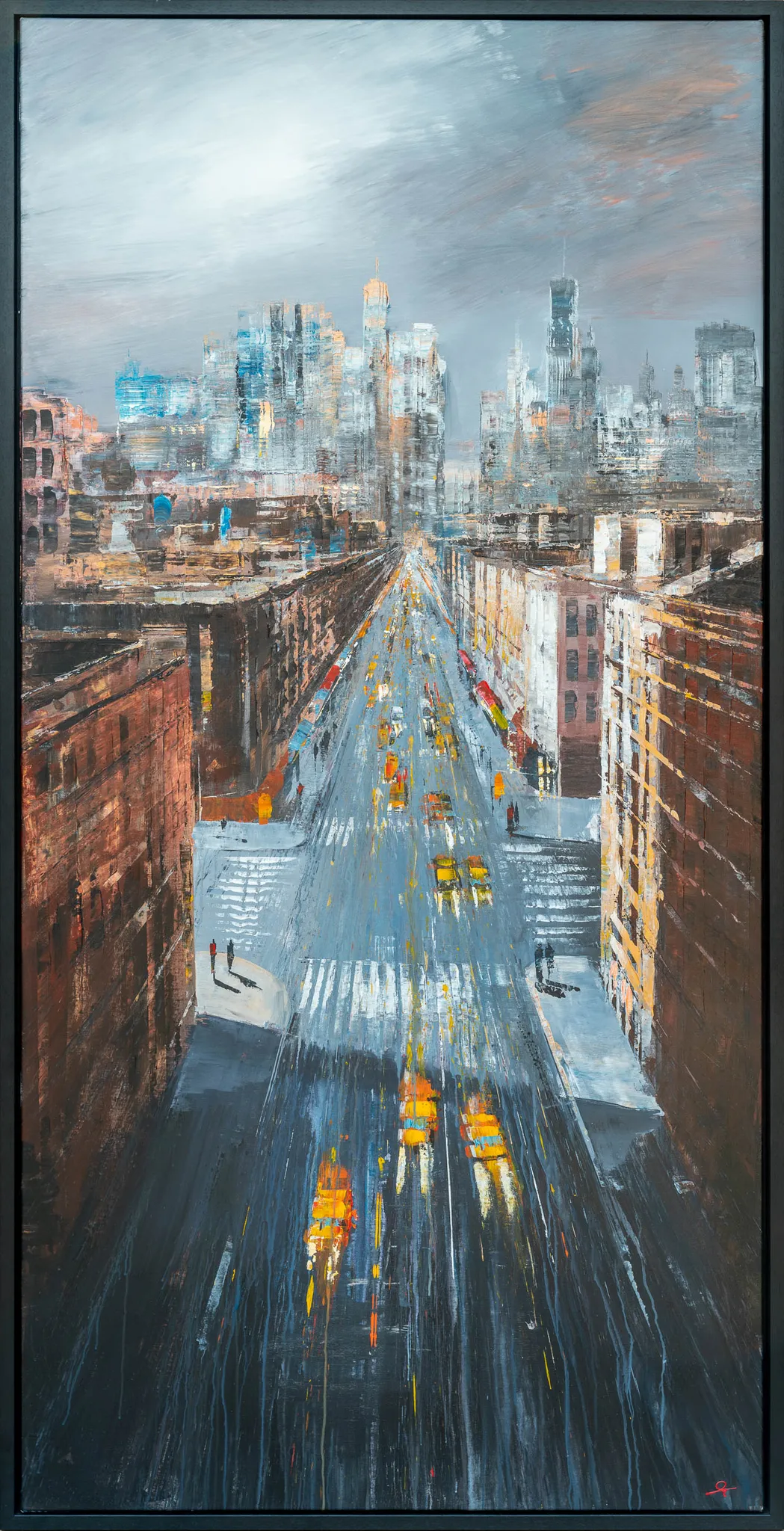 New York Groove, an original painting by Paul Kenton in a slim black frame: a rain-slicked avenue runs toward a hazy skyline, with glowing yellow taxis and brick buildings in cool grey and rust.