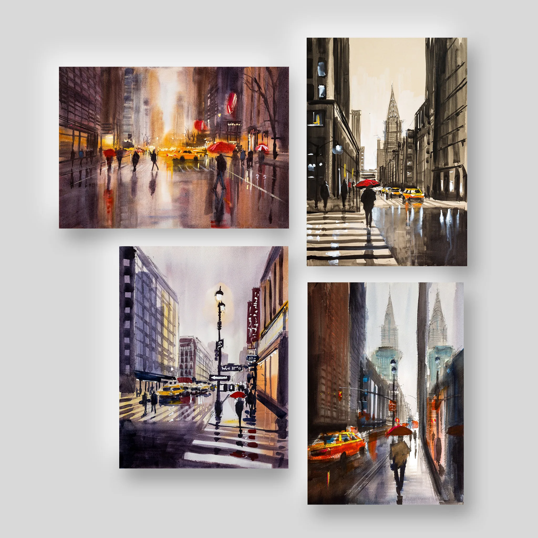 Close-up of New York Memories, a limited edition giclée print by Paul Kenton, showing loose, textured brushwork on rainy city streets, with red umbrellas and yellow taxis.