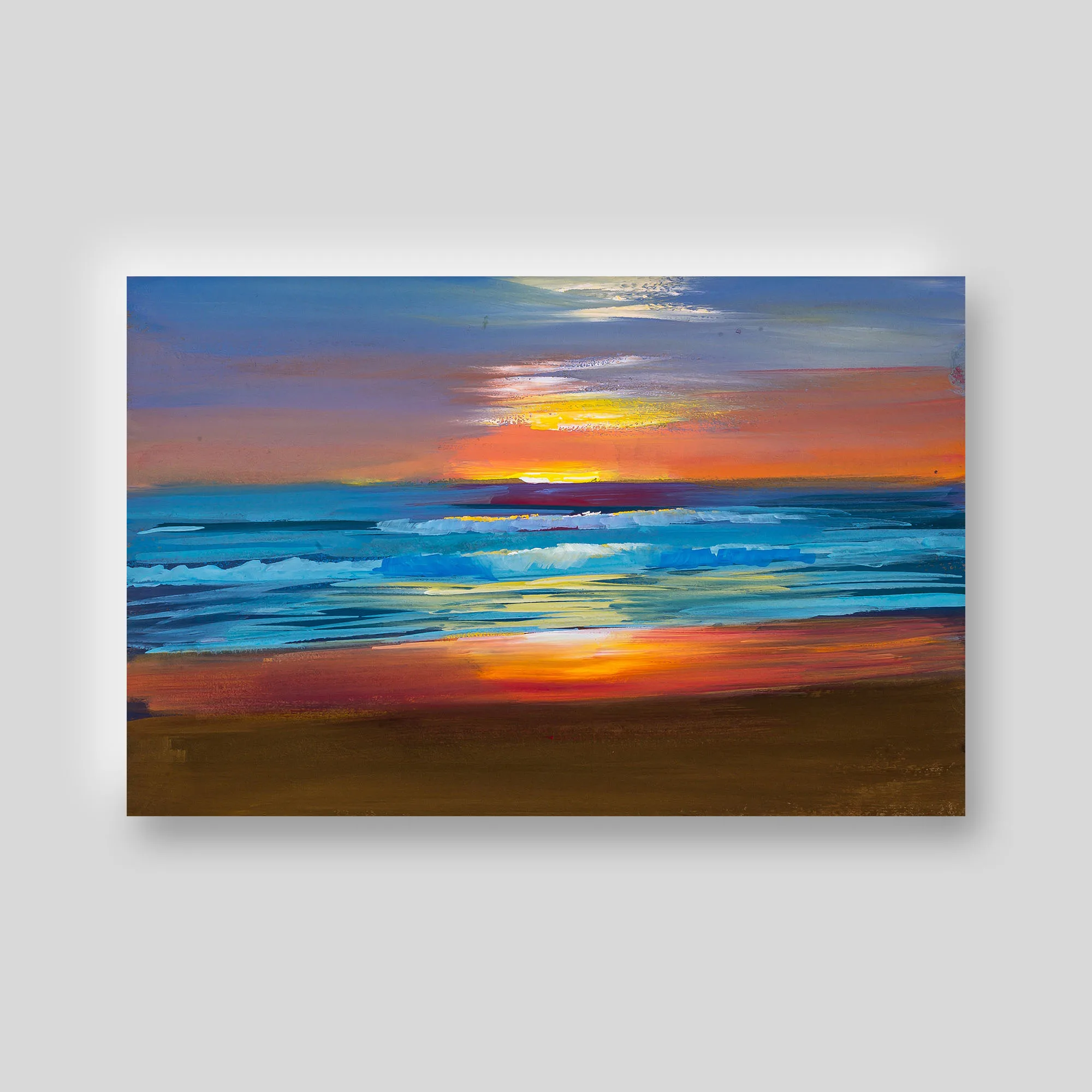 Detail of Beach Sunsets, a print from the Paul Kenton print collection set: a bold, textured seascape with blue waves, a glowing orange and yellow sunset and a brown sandy shore.