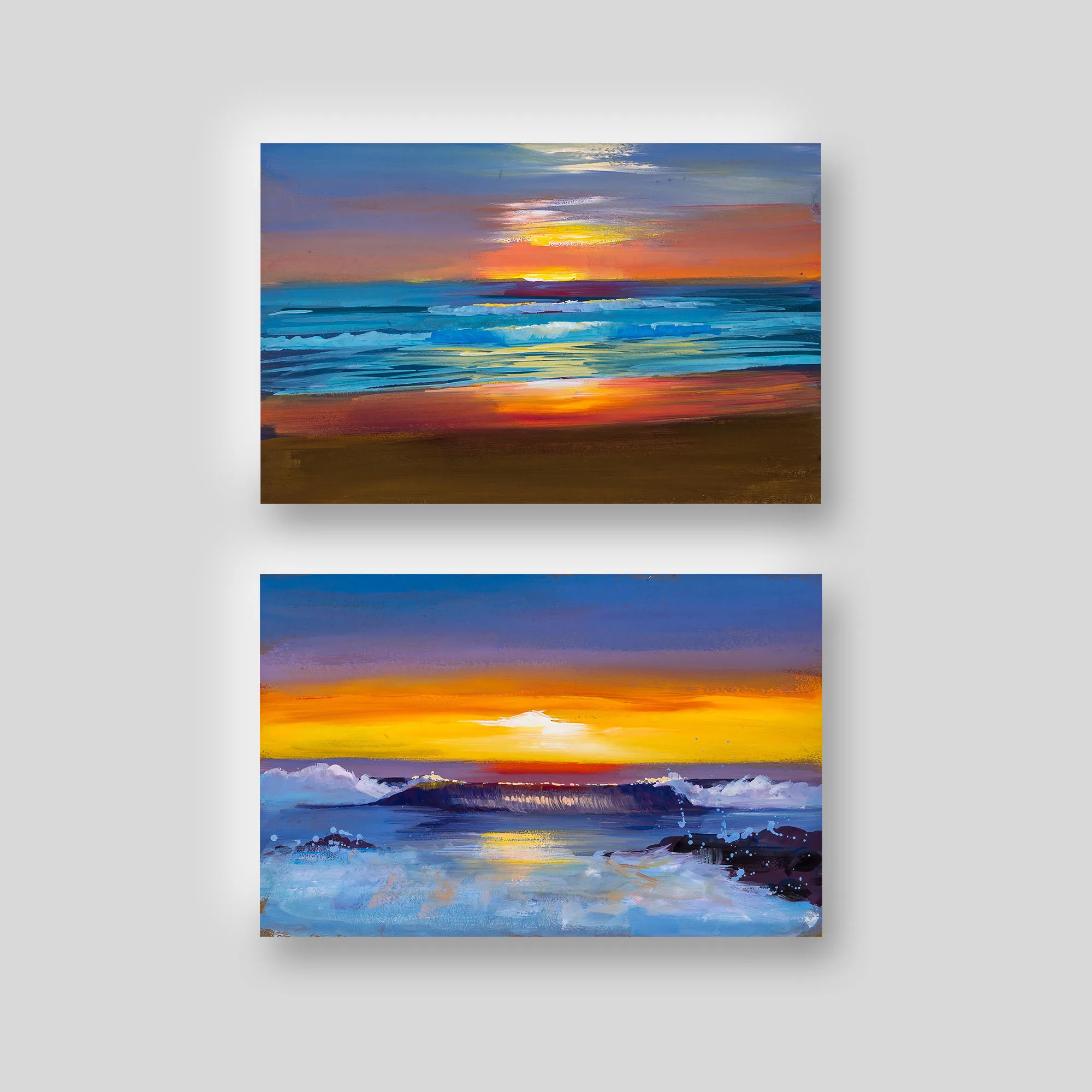 Beach Sunsets, a print collection set by Paul Kenton: two stacked seascapes of orange and gold sunsets over turquoise waves breaking on a shore, with deep blue skies.